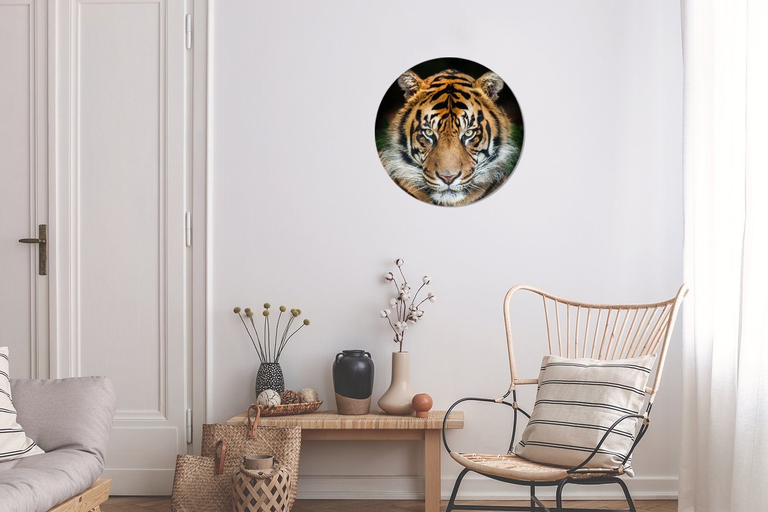 MuchoWow Gemälde einem Rundes schwarzen vor St), cm Wohnzimmer, 30x30 (1 Wandbild, Sumatra-Tiger Wanddekoration Hintergrund, Forex, Kreis