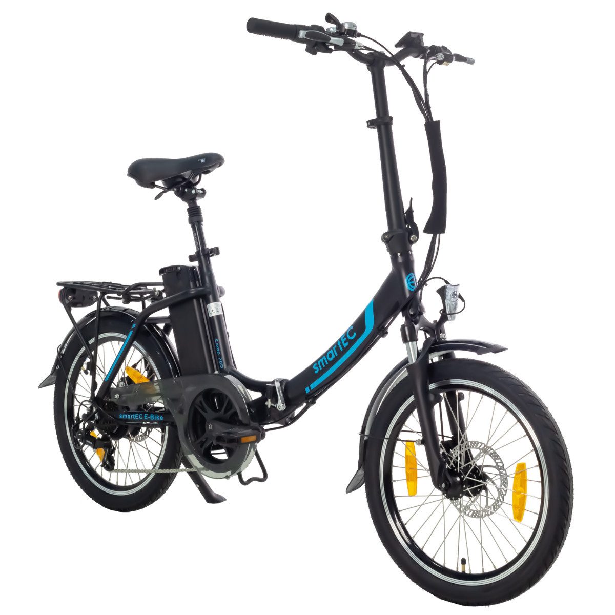 smartEC E-Bike 20 Zoll Klapprad Camp-20D Schwarz, 7 Gang Shimano Tourney Schaltwerk, Kettenschaltung, Hinterrad-Nabenmotor, 562,00 Wh Akku, Batterie, Damen/Herren Unterstützung 25 km/h Anfahrhilfe Scheibenbremse StVZO