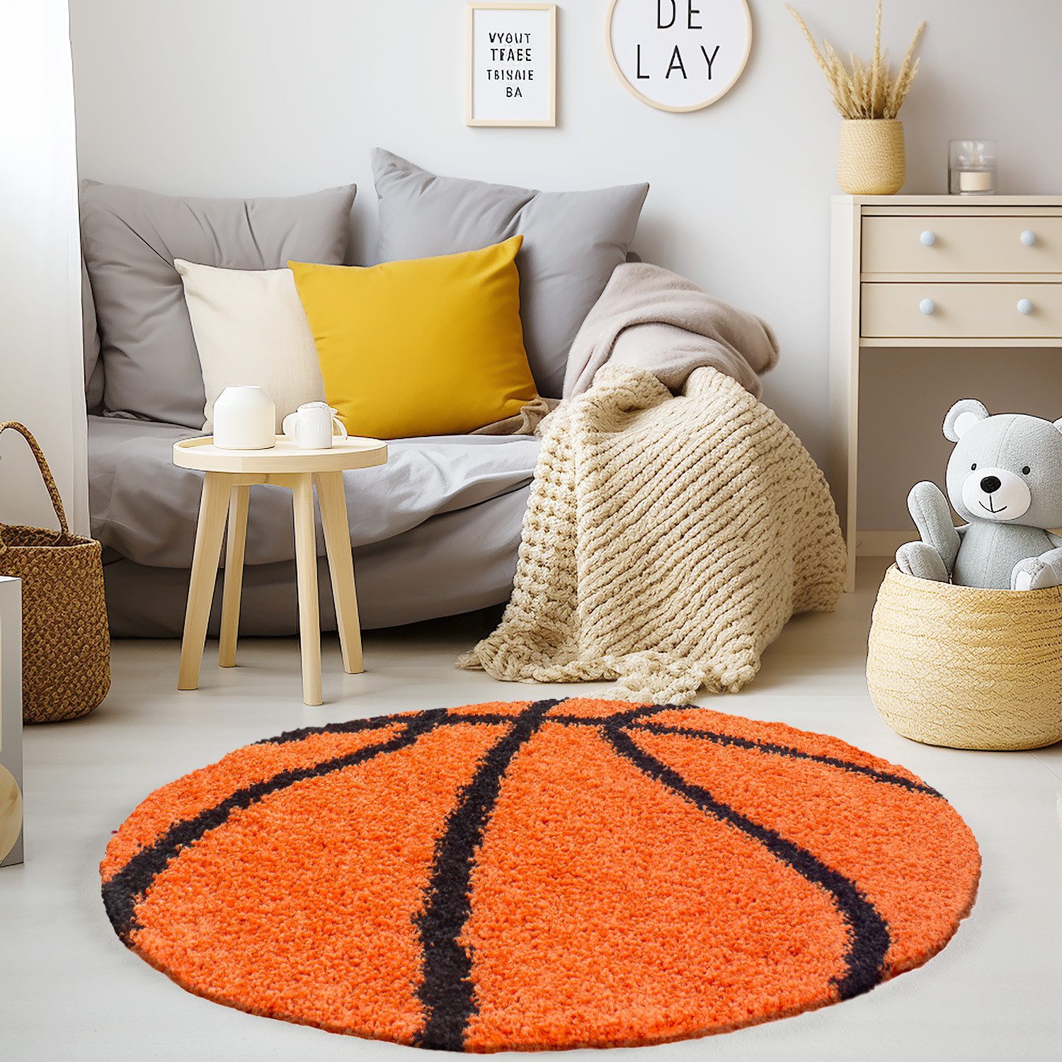 KADIMA DESIGN Kinderteppich Hochflor Basketball Motiv Polypropylen Kinderzimmer Teppich Kinder, Rund, Höhe: 30 mm, Handwäsche, Rücken aus Jute, Gekettelt, 57600 Points/m2, 100x100cm