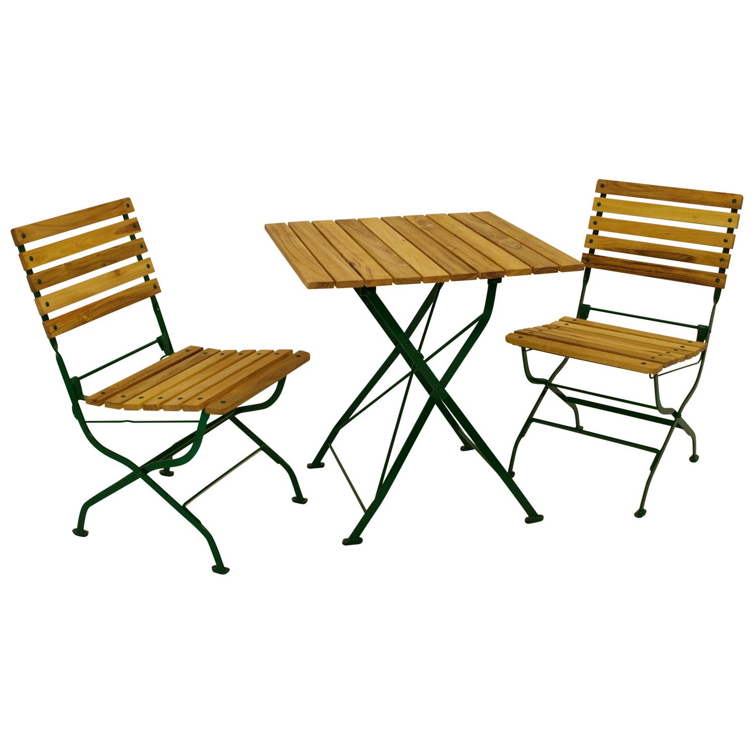 TPFGarden Sitzgruppe GENF, (Bistro Set GENF - Gartenmöbel Garnitur 3-teilig, 3-tlg., Gartensitzgruppe für 2 Personen - Flachstahl Robinienholz dunkelgrün), (2x Stuhl, 1x Tisch 70x70cm)