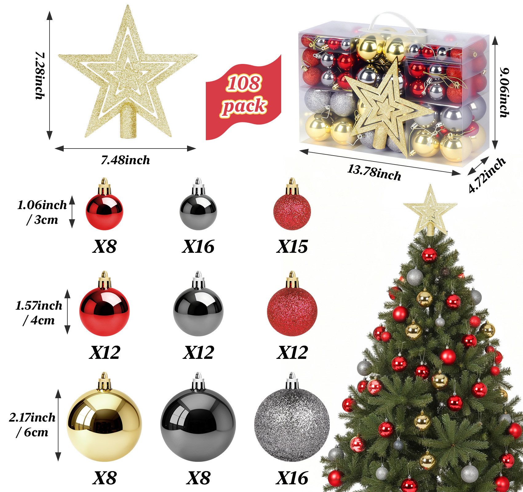 ElitVita Weihnachtsbaumkugel 108er Set Weihnachtskugeln, mit Baumspitze Stern, Ø3/4/6 cm (108 St), Kunststoff, Christbaumschmuck für Weihnachtsbaum Deko