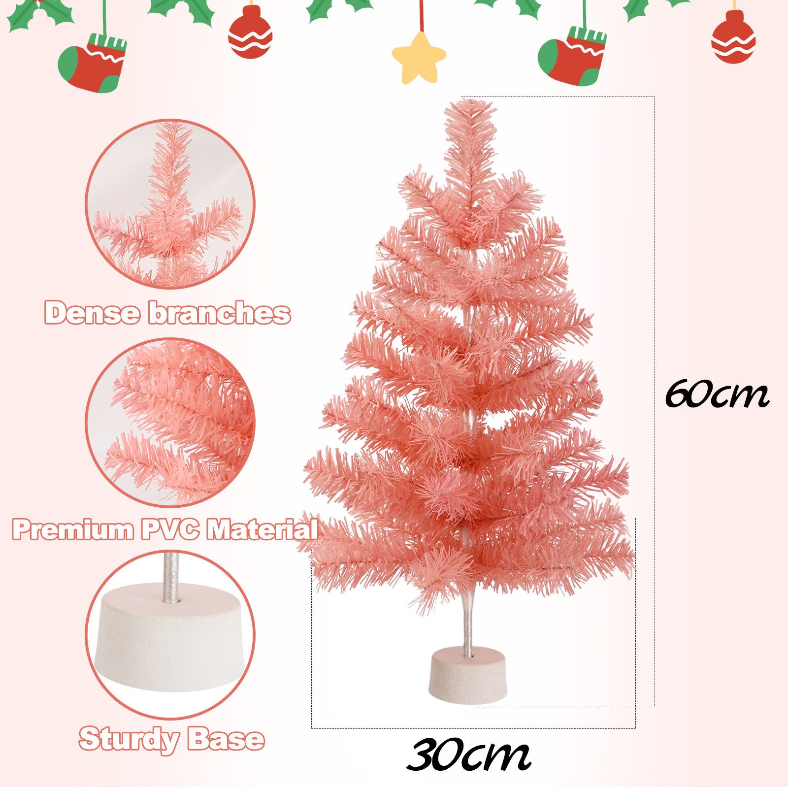 Nettlife Künstlicher Weihnachtsbaum Klein 60cm Rosa Christsbaum Tannenbaum PVC Schmuck Ständer Weihnachten, 30×30×60 cm,Leichte Transportverpackung (nur 0,65 kg pro Karton)
