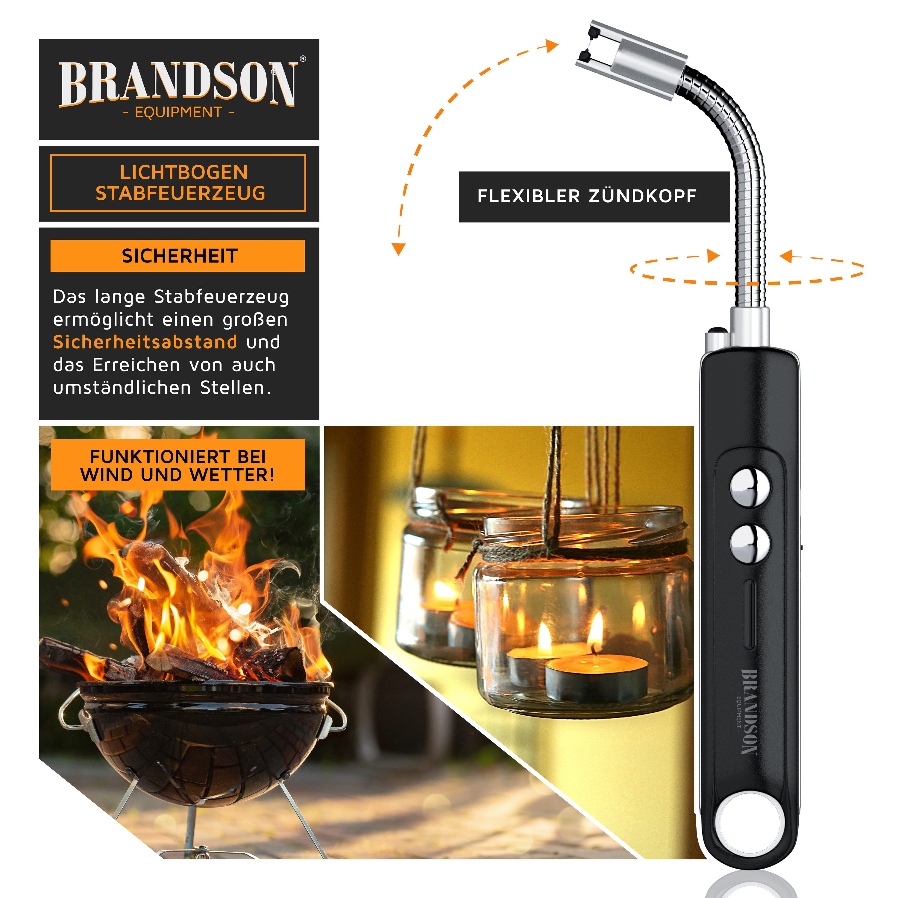 Brandson Feuerzeug Lichtbogen Stabfeuerzeug elektrisch, Kerzenanzünder, USB aufladbar (2-St), 2er Set Kaminanzünder mit Akku für Küche Kerzen Gasherde Grill Kamin