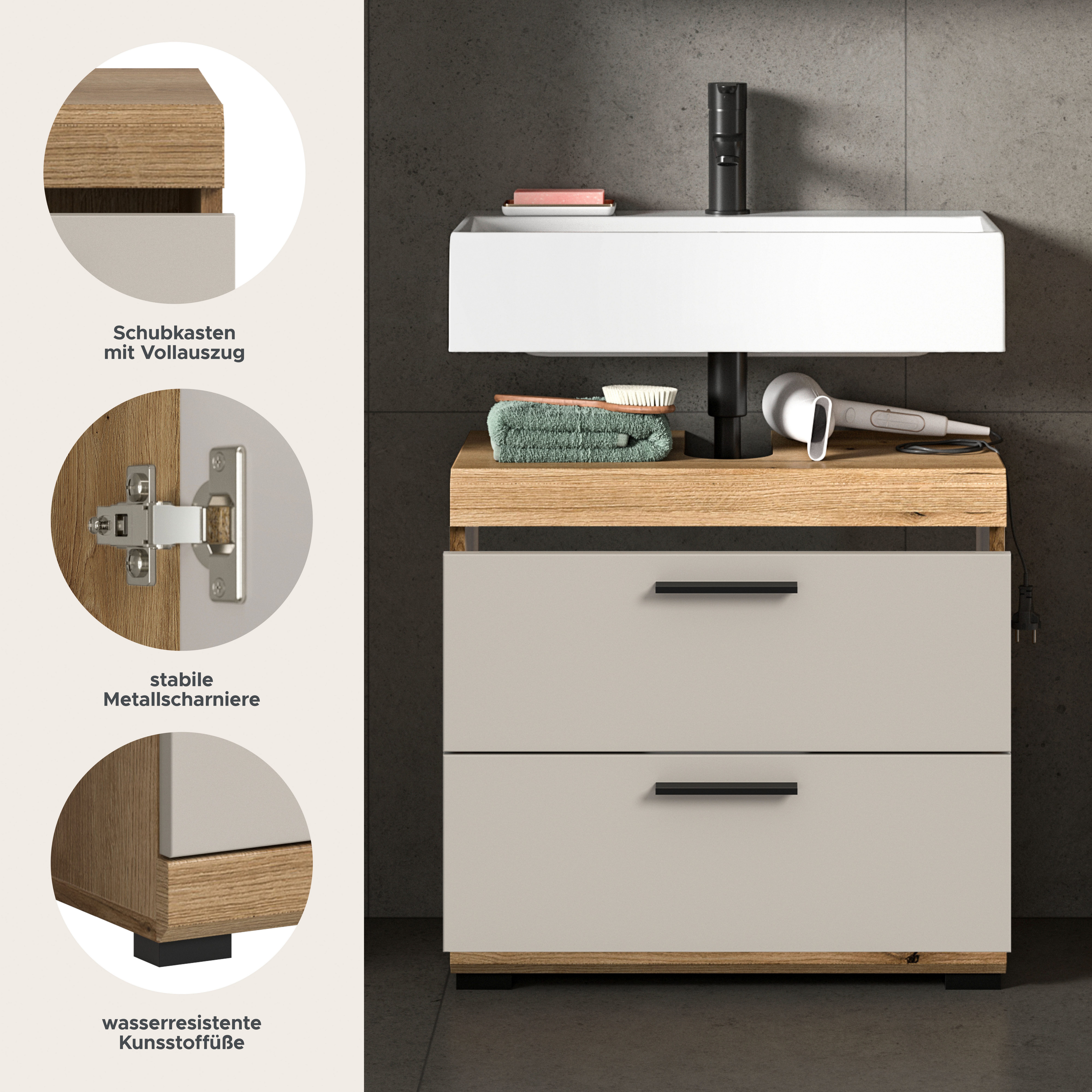 welltime Waschbeckenunterschrank SIENA, Breite 60cm, mit 2 Türen oder 2 Schubkästen, MDF-Front (1-St., TOPSELLER!, mit Siphonausschnitt 10x25 cm) in verschieden – Bild 3 von 5