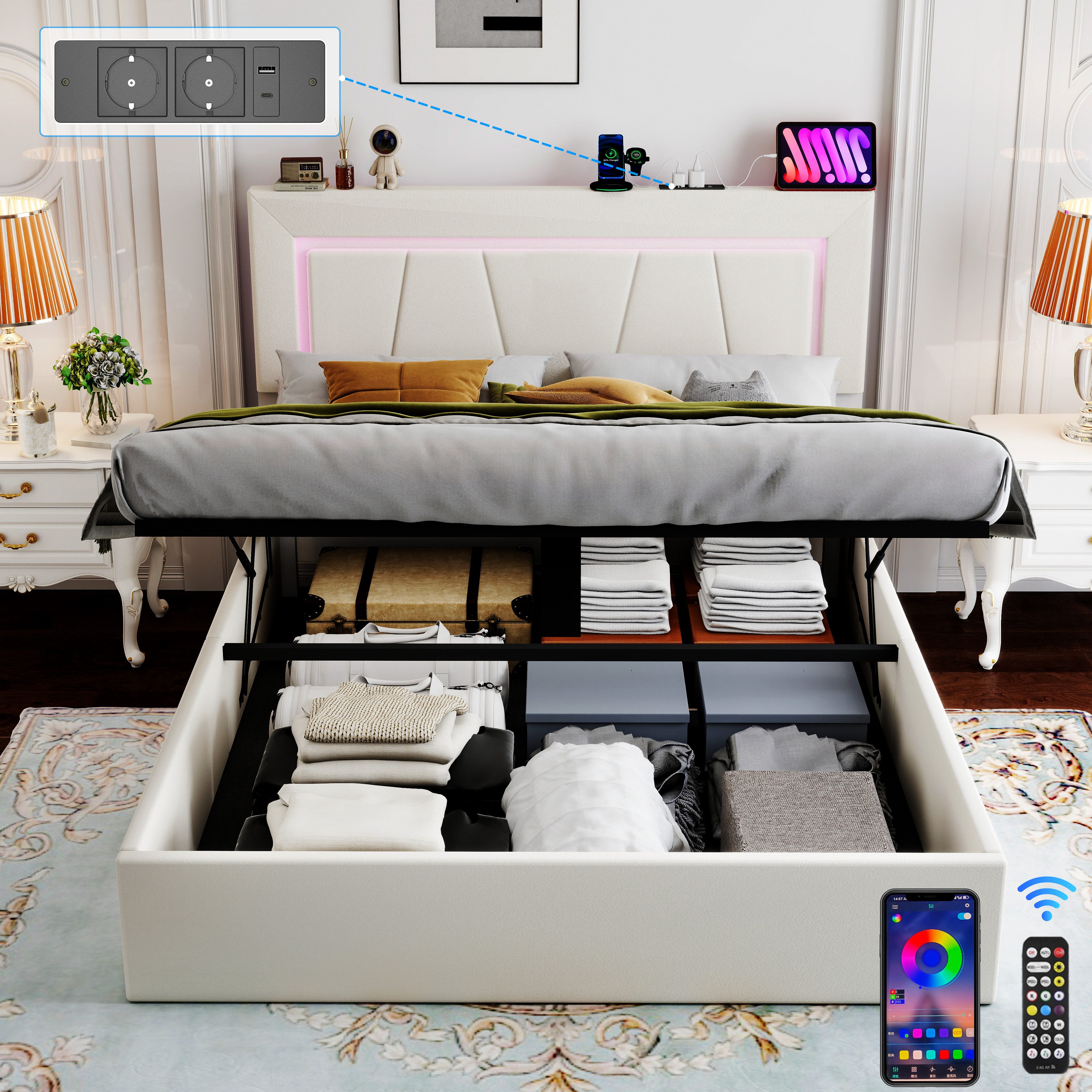 oyajia Polsterbett LED Doppelbett 140x200cm mit Ladefunktion und Hydraulisch anhebbarer (PU-Leder material Polsterbett mit RGB Beleuchtung, ohne Matratze, ohne Matratze), mit Lattenrost und Ladefunktion, mit Komforthöhe, Leises Design Bett