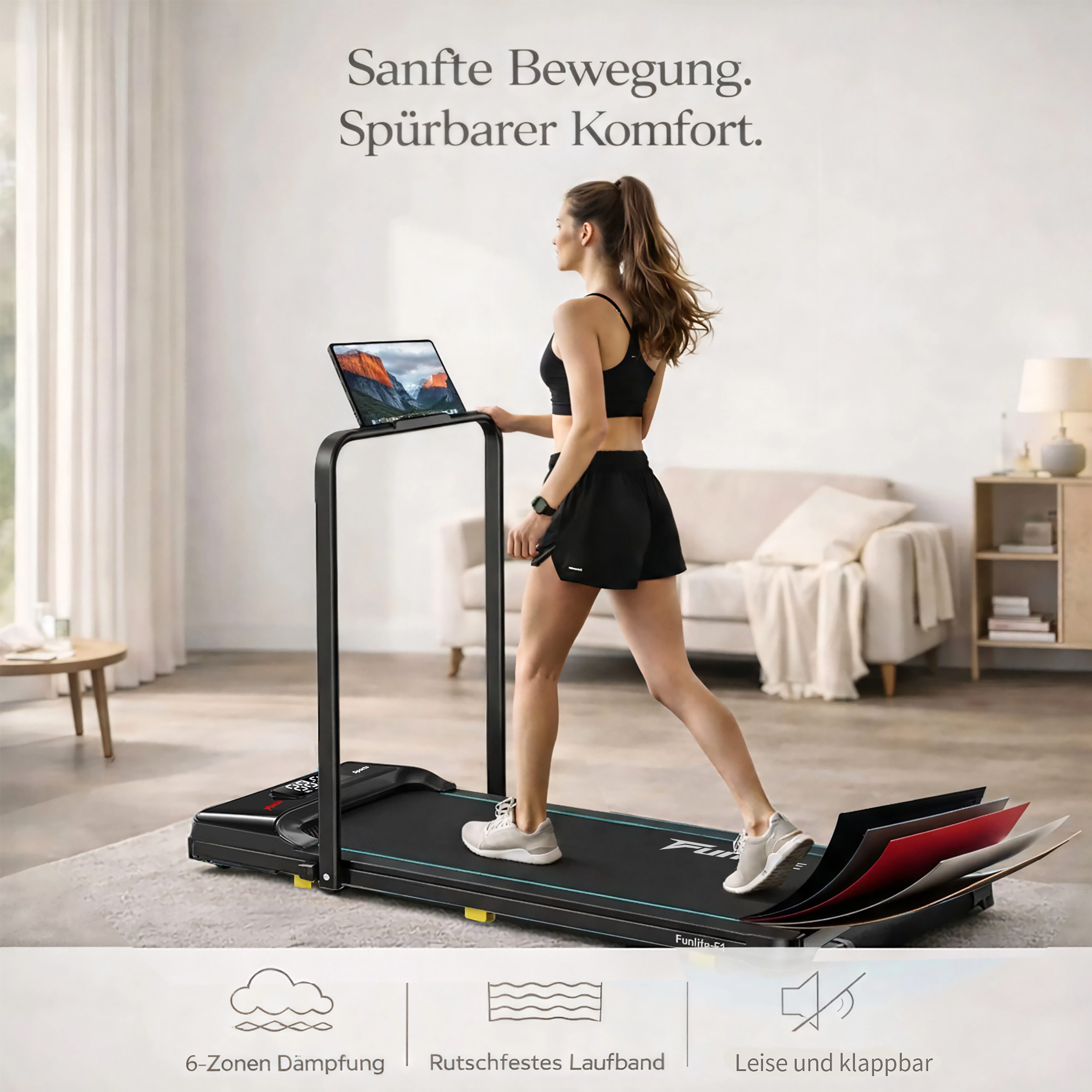 FunLife Laufband 3-in-1 Walking Pad mit Haltegriff (Einzelgerät, Homeoffice Walking Pad), 1–8 km/h, klappbar, Homeoffice geeignet