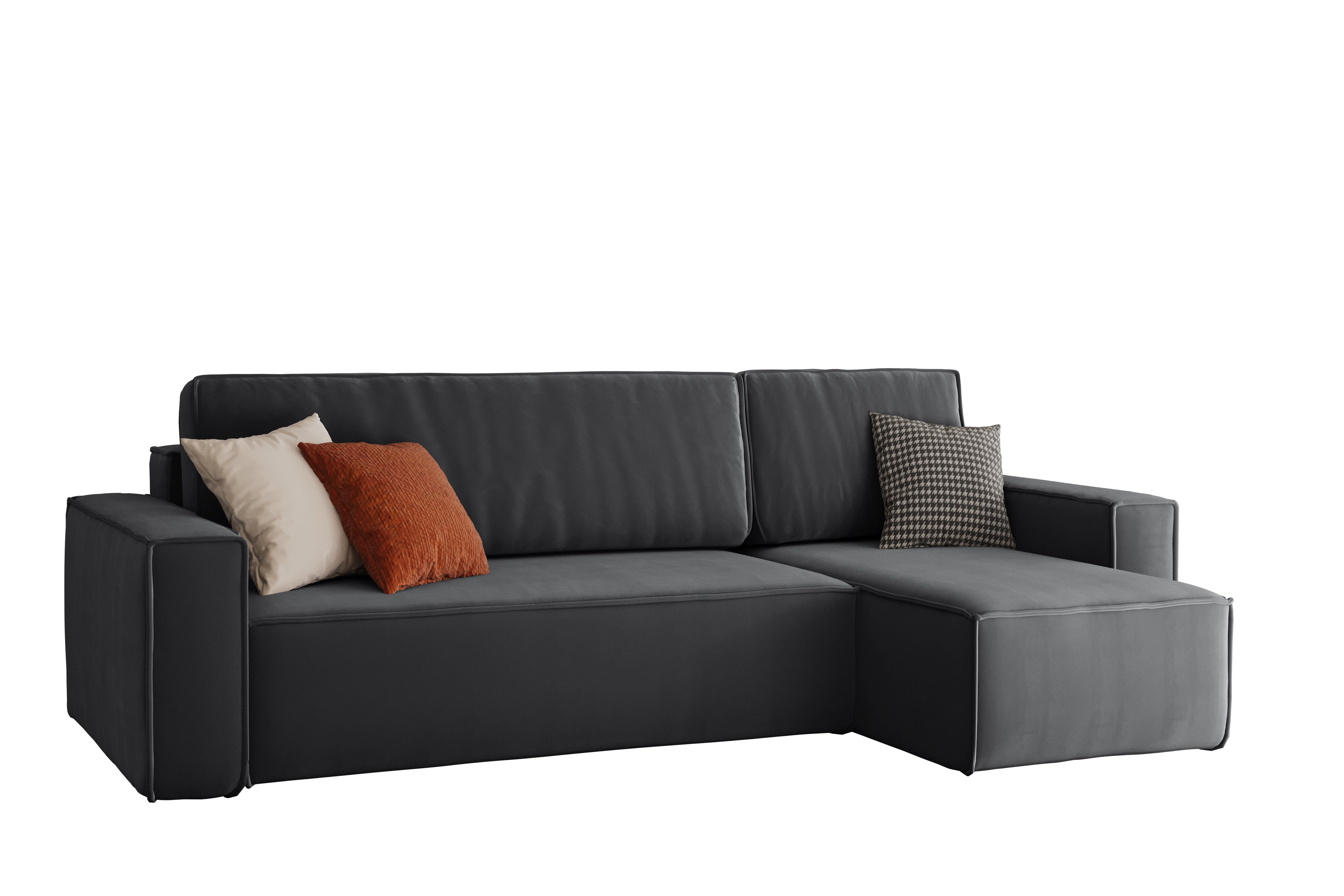 Friderik-EU Ecksofa KARL Ausziehbare Couch mit Bettkasten Samt Grau Schwarz, mit Schlaffunktion Swing 19
