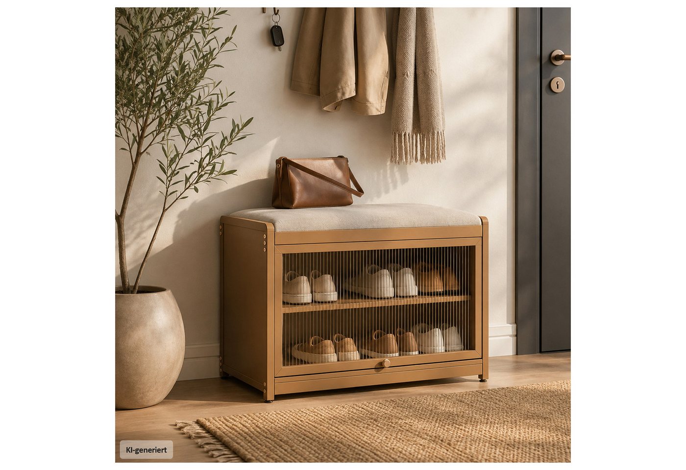 HTI-Living Schuhschrank mit Schiebetür und Sitzkissen Braun (1 Stück, 1-St., 1 Schuhschrank mit Sitzkissen) Sitzkissen mit Polyesterbezug in Leinenoptik