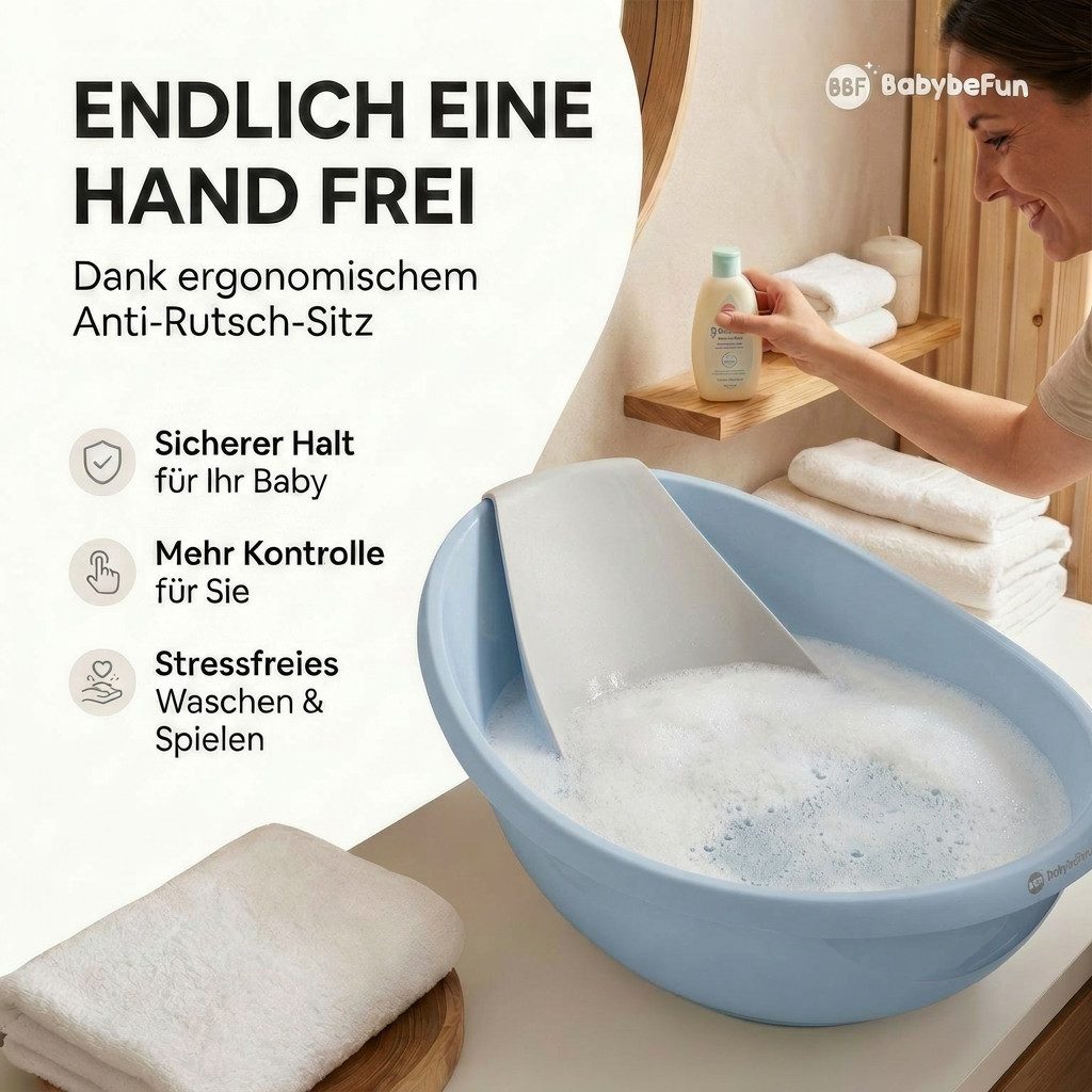 BabyBeFun Babybadewanne mit Badewanneneinsatz für Neugeborene, Rutschfeste Babywanne, Inkl. Safety-Pad