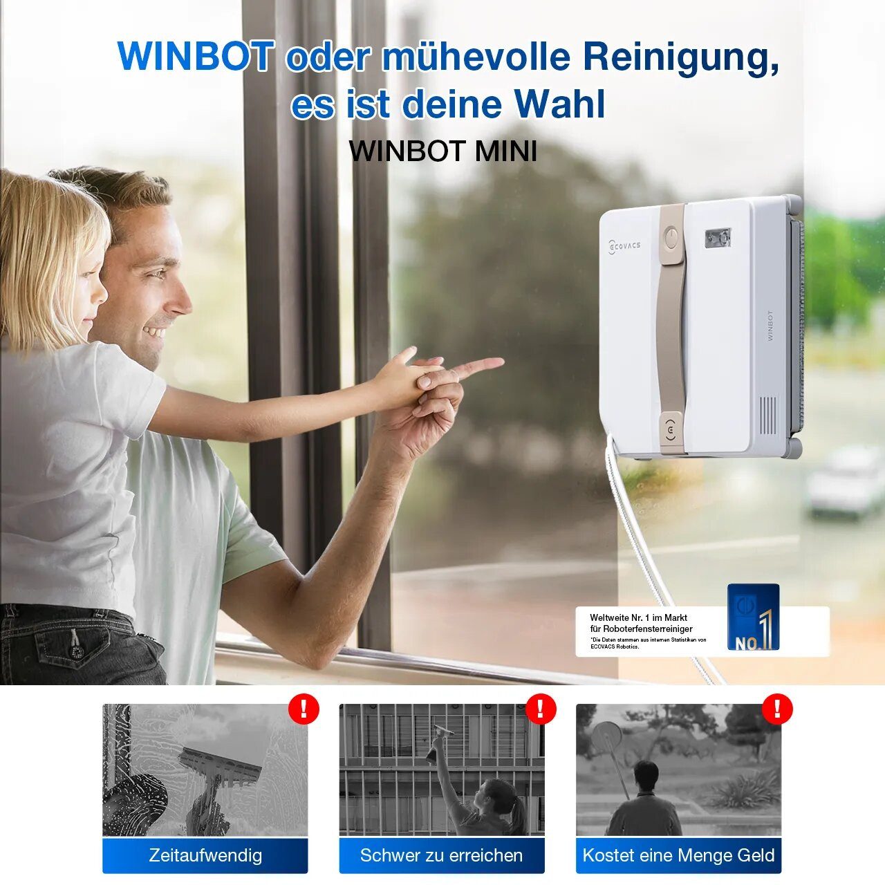 ECOVACS Fensterputzroboter WINBOT MINI, Intelligenter Fenstersauger mit Ultraschall-Sprühsystem, (Ultimative Kantenreinigung, 7500 Pa Saugleistung) 30 Min Notstromversorgung beige