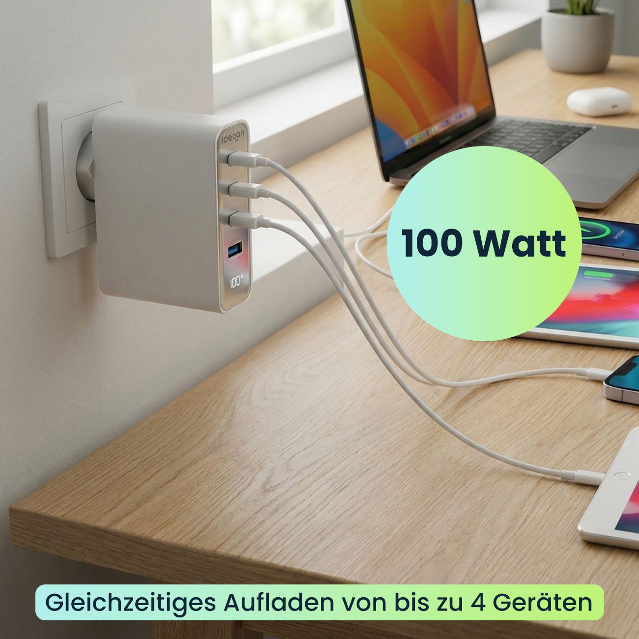 shop'n smile ideoon USB-Ladegerät 4 Ports 3x USB-C&1x USB-A Schnellladegerät LED-Display USB-Ladegerät (1-tlg., GaN III Technologie)