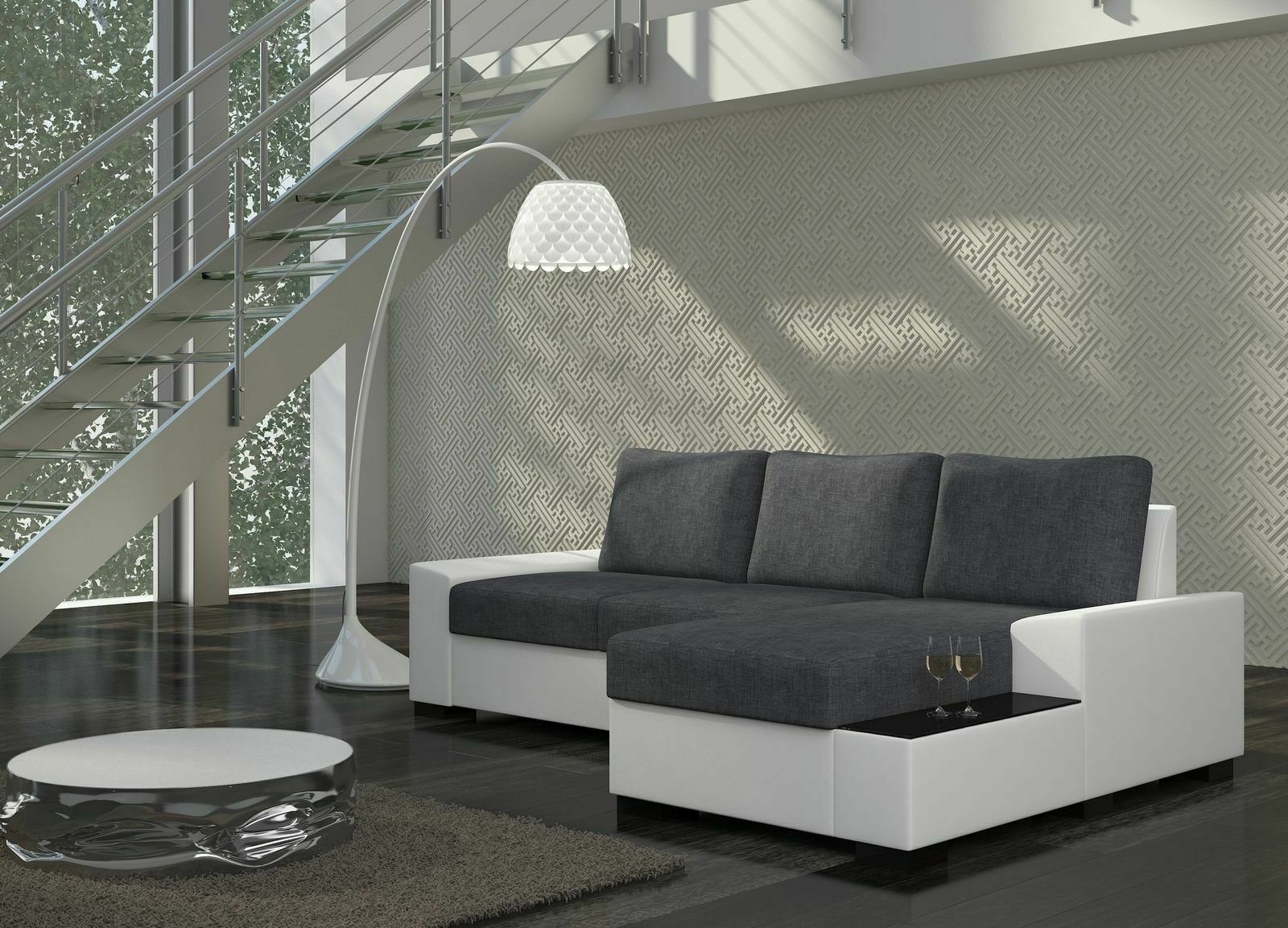 JVmoebel Ecksofa Design Ecksofa Schlafsofa Bettfunktion Sofa Couch Leder Polster, Mit Bettfunktion Schwarz / Weiß
