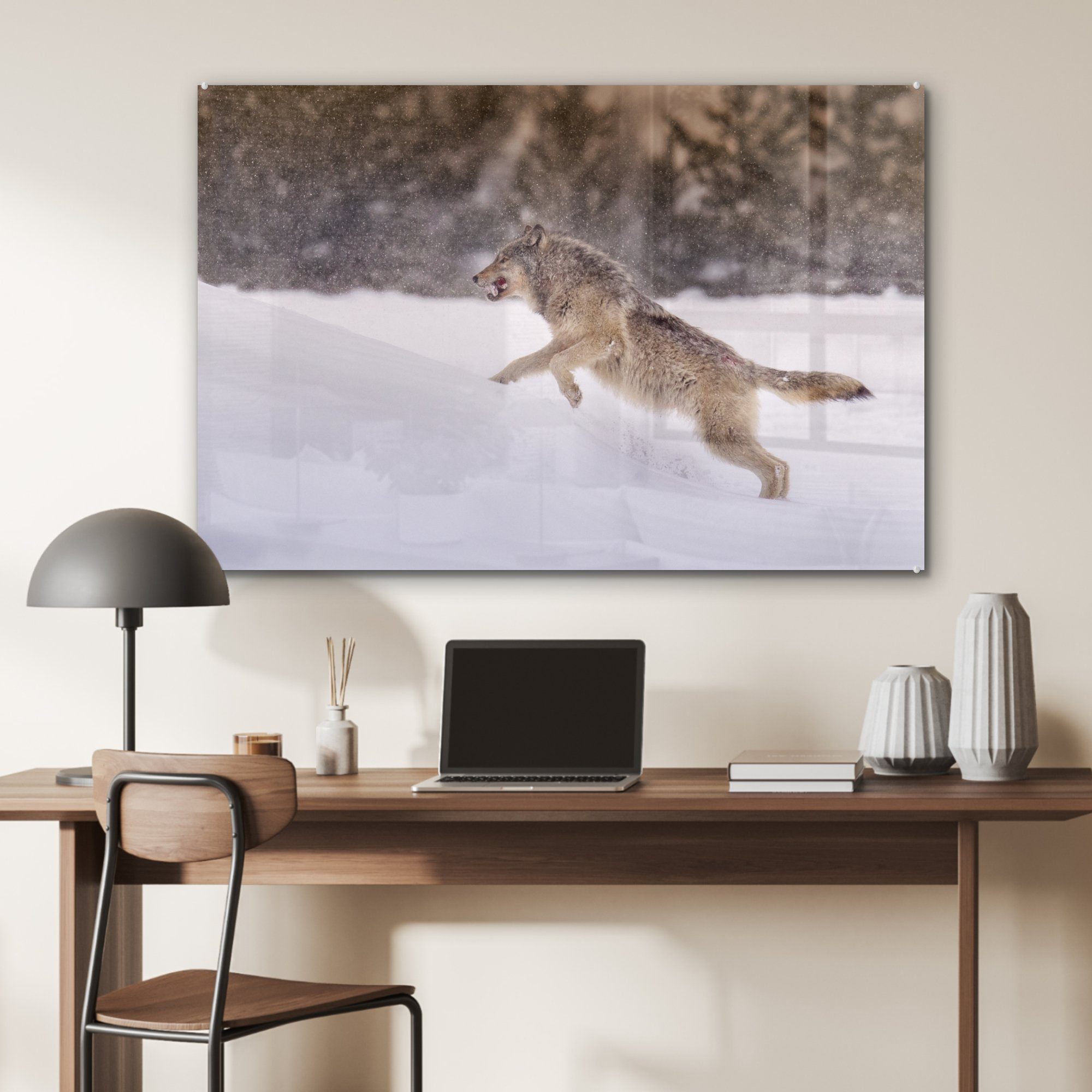Schlafzimmer & (1 Schnee, MuchoWow Acrylglasbilder Wolf St), läuft Wohnzimmer im Acrylglasbild