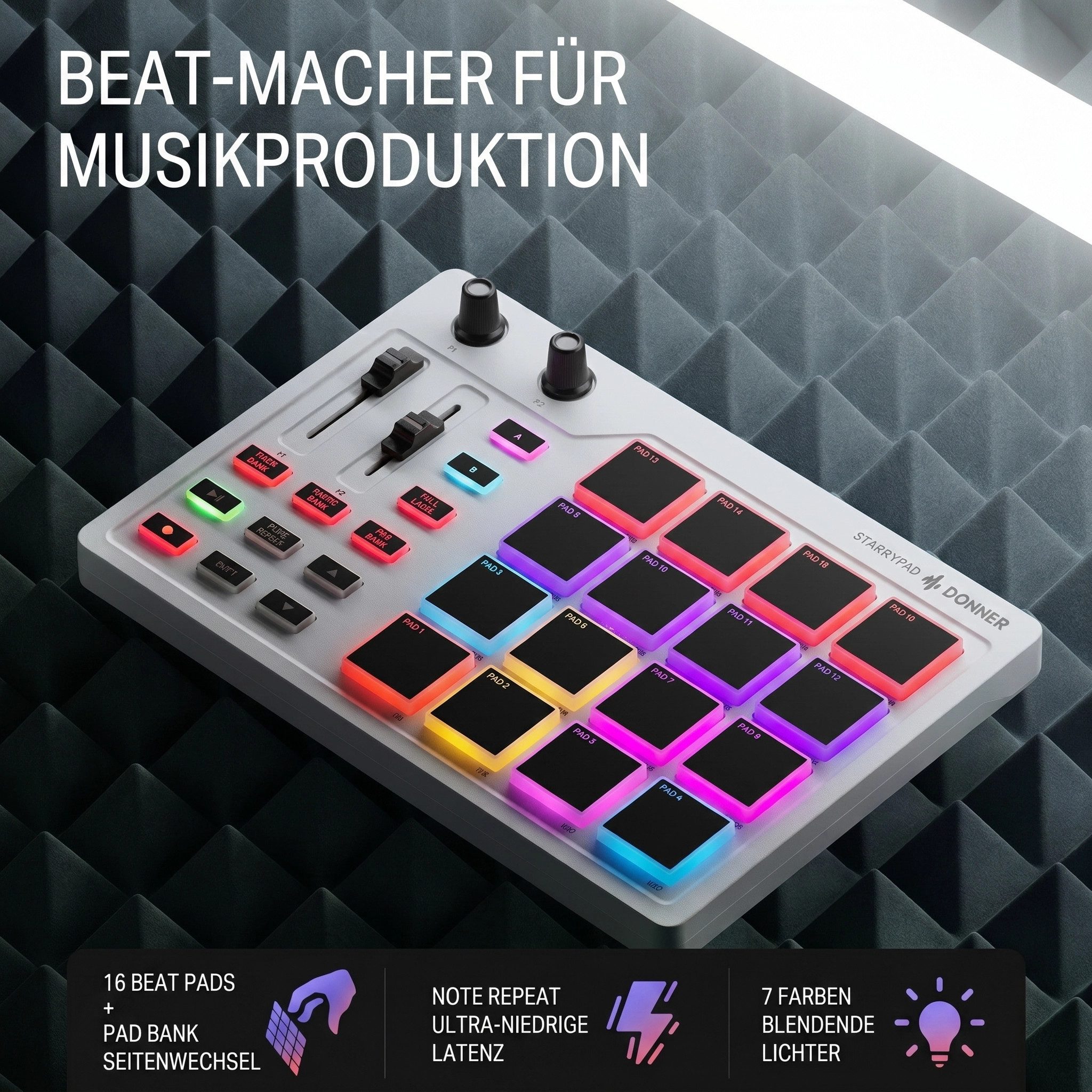 Donner DJ Controller DJ Controller Midi Pad Controller DPD-16, Leicht und leistungsstark