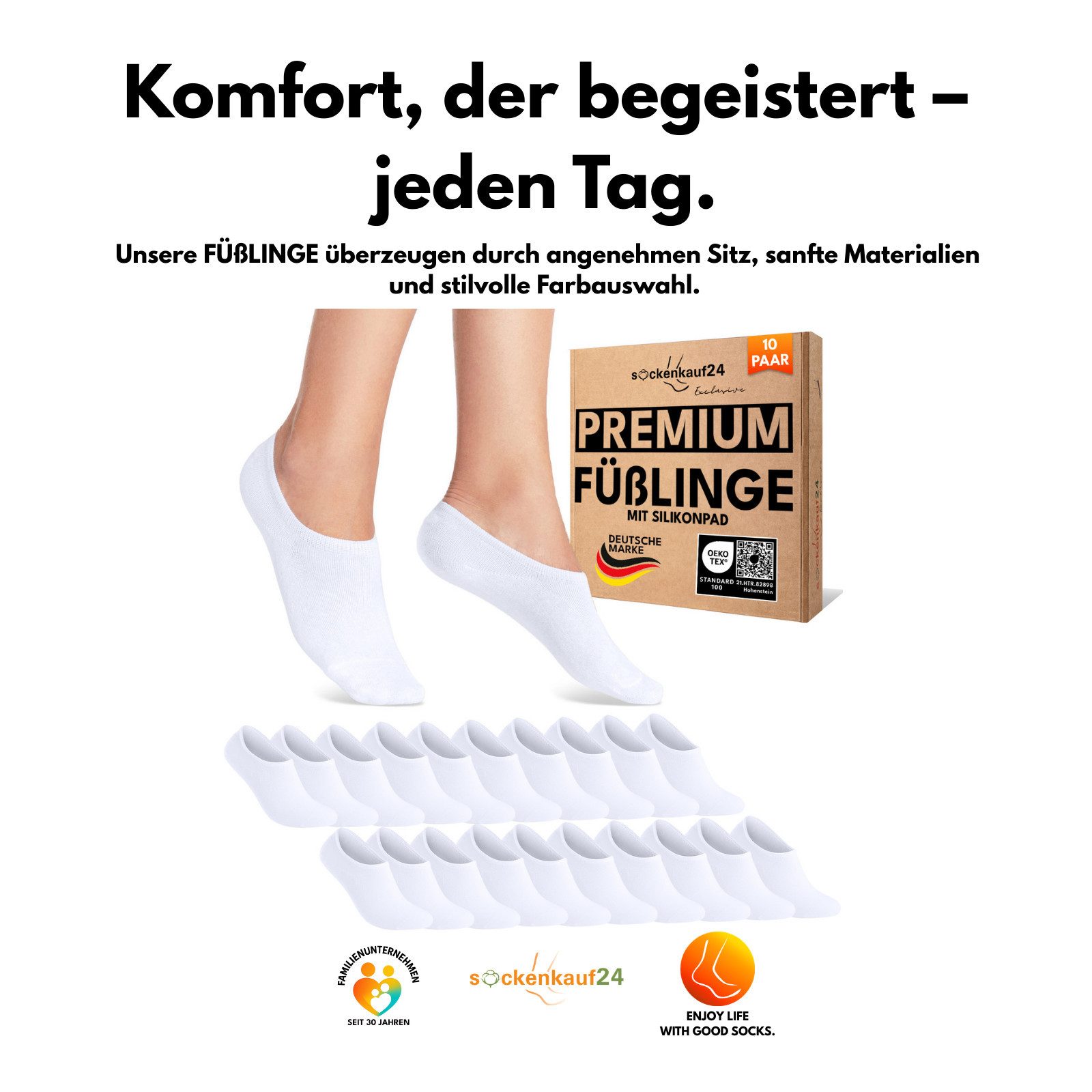 sockenkauf24 Füßlinge 10 Paar Premium Füßlinge Sneaker Socken Damen Herren Baumwolle (10-Paar) invisible Socks ohne Naht mit Silikonpad gegen Verrutschen - 70106T