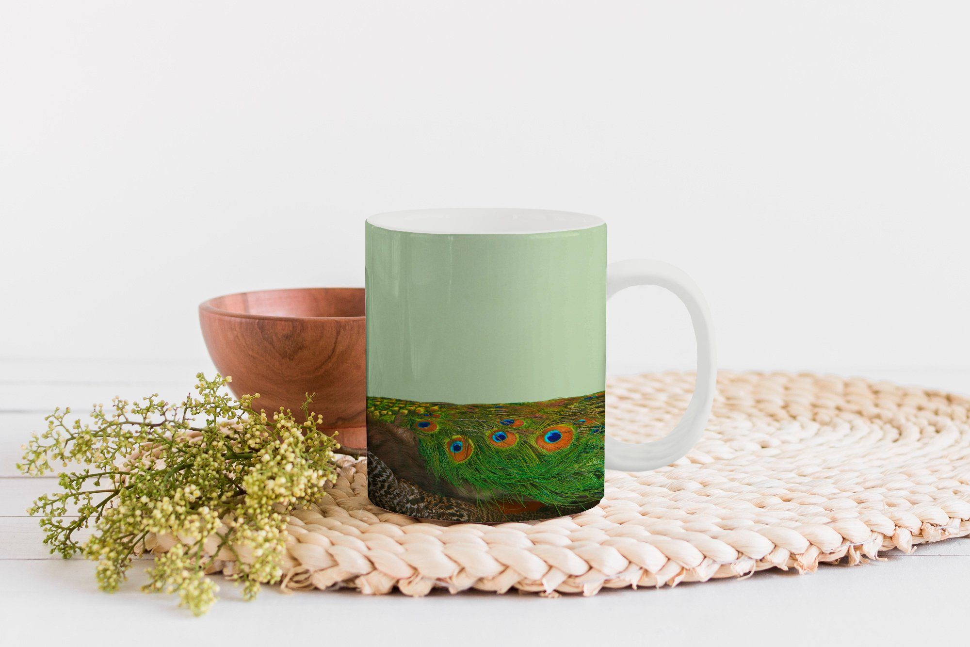 - Teetasse, Pfau Becher, Keramik, Grün, Tasse Geschenk Teetasse, - Tiere Kaffeetassen, MuchoWow