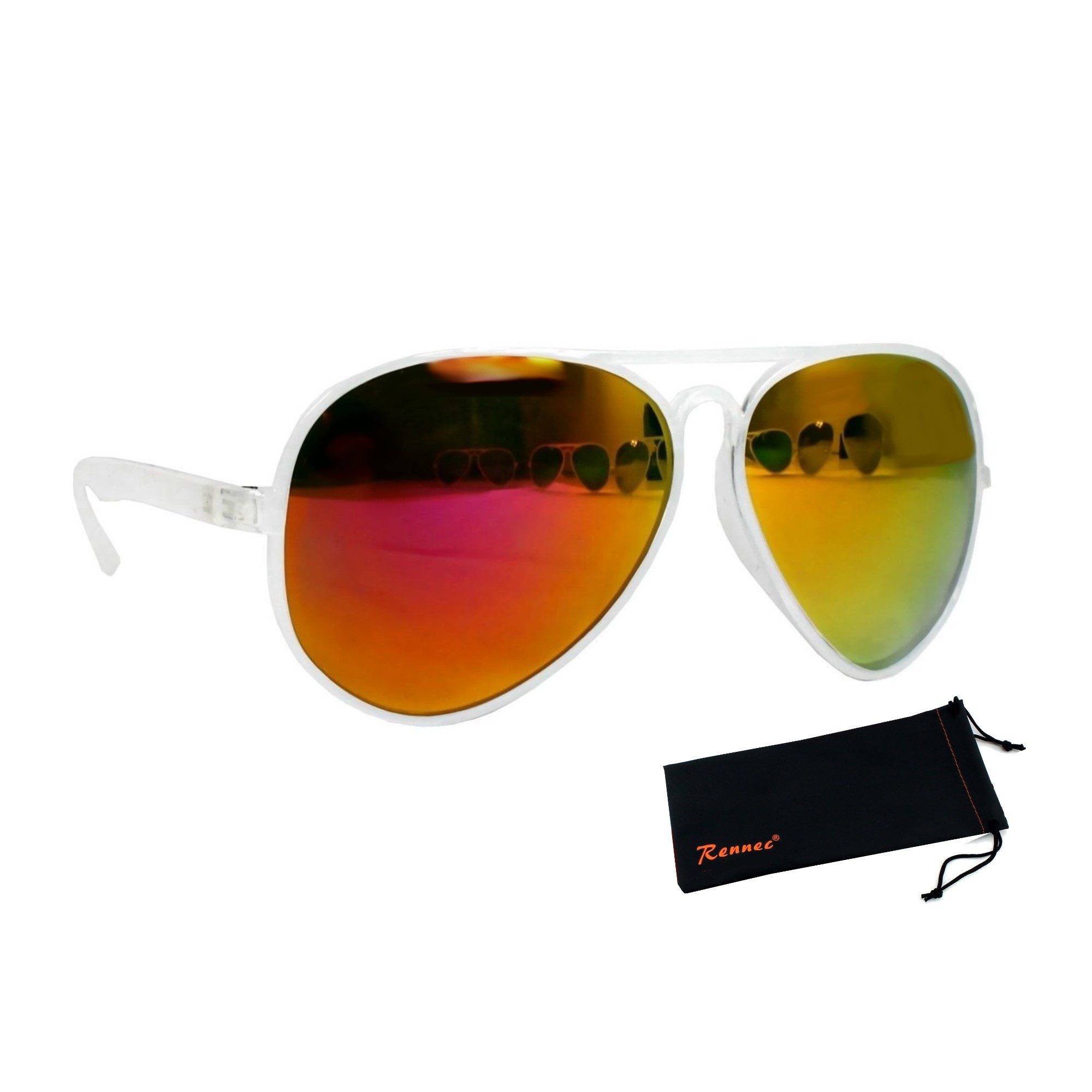 Rennec Sonnenbrille Pilotenbrille Herren Damen aus Kunststoff Leicht und Flexibel Gläser Verspiegelt, Gestell Transparent, inkl. Hardcase