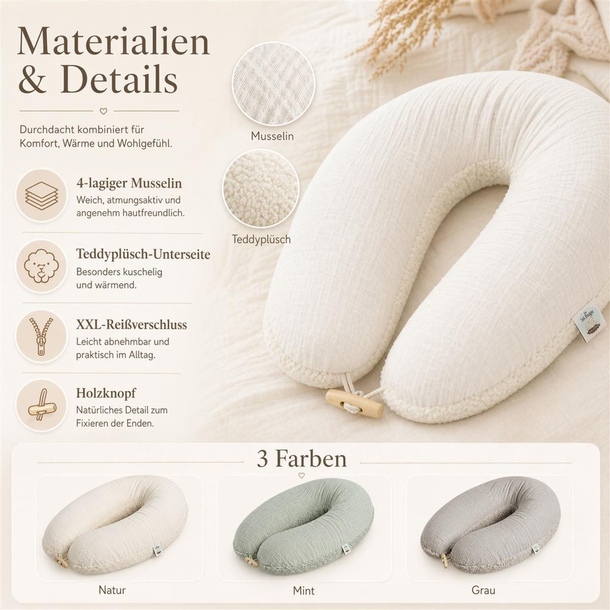 SEI Design Stillkissen Musselin GOTS & Teddyplüsch, Faserbällchen, IGR, Natur, 190x35, Schwangerschaftskissen mit Bezug, 1-tlg., Schwangerschaftskissen mit Bezu – Bild 5 von 5