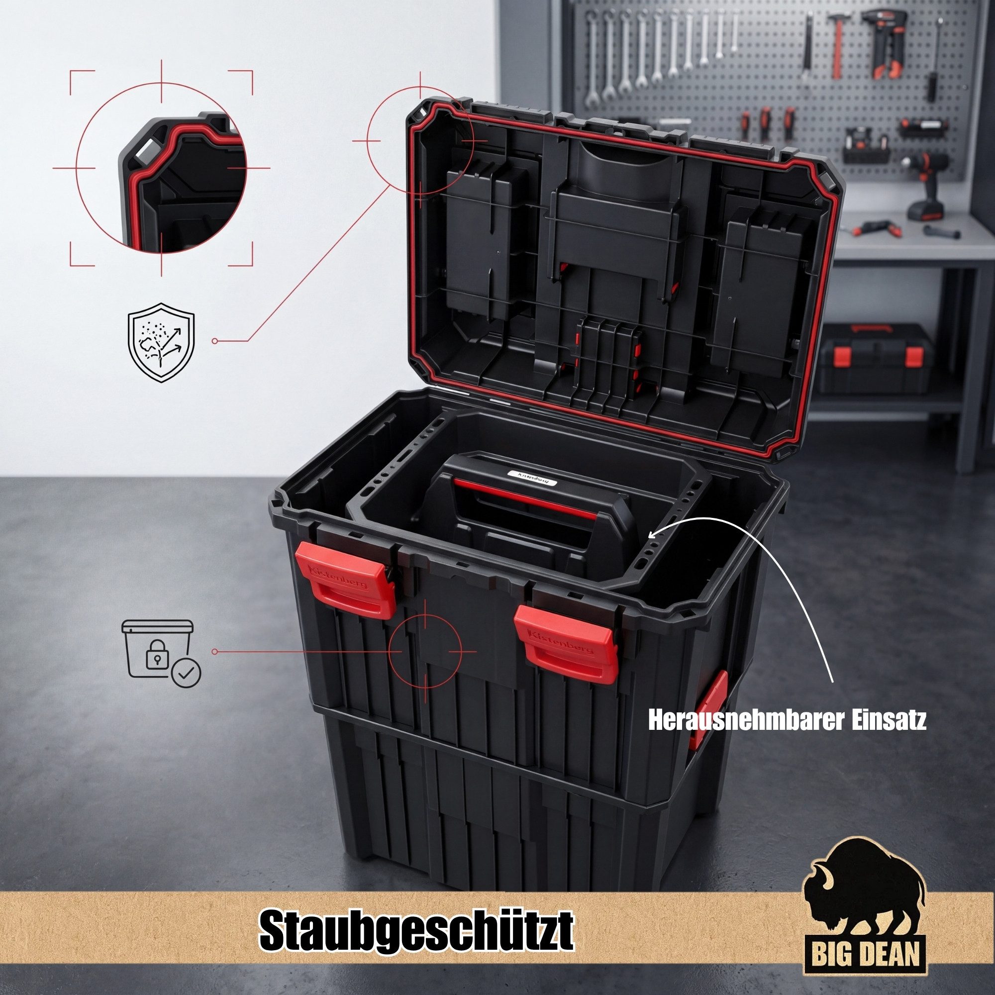 BigDean Werkzeugkoffer Werkzeugtrolley XL 2in1 mit Großen Rädern Robust und 2 Deckelfächer (Stück, 1 St., Werkzeugtrolley), Flexibel, Rollbar, Staubgeschützt, Extra viel Stauraum