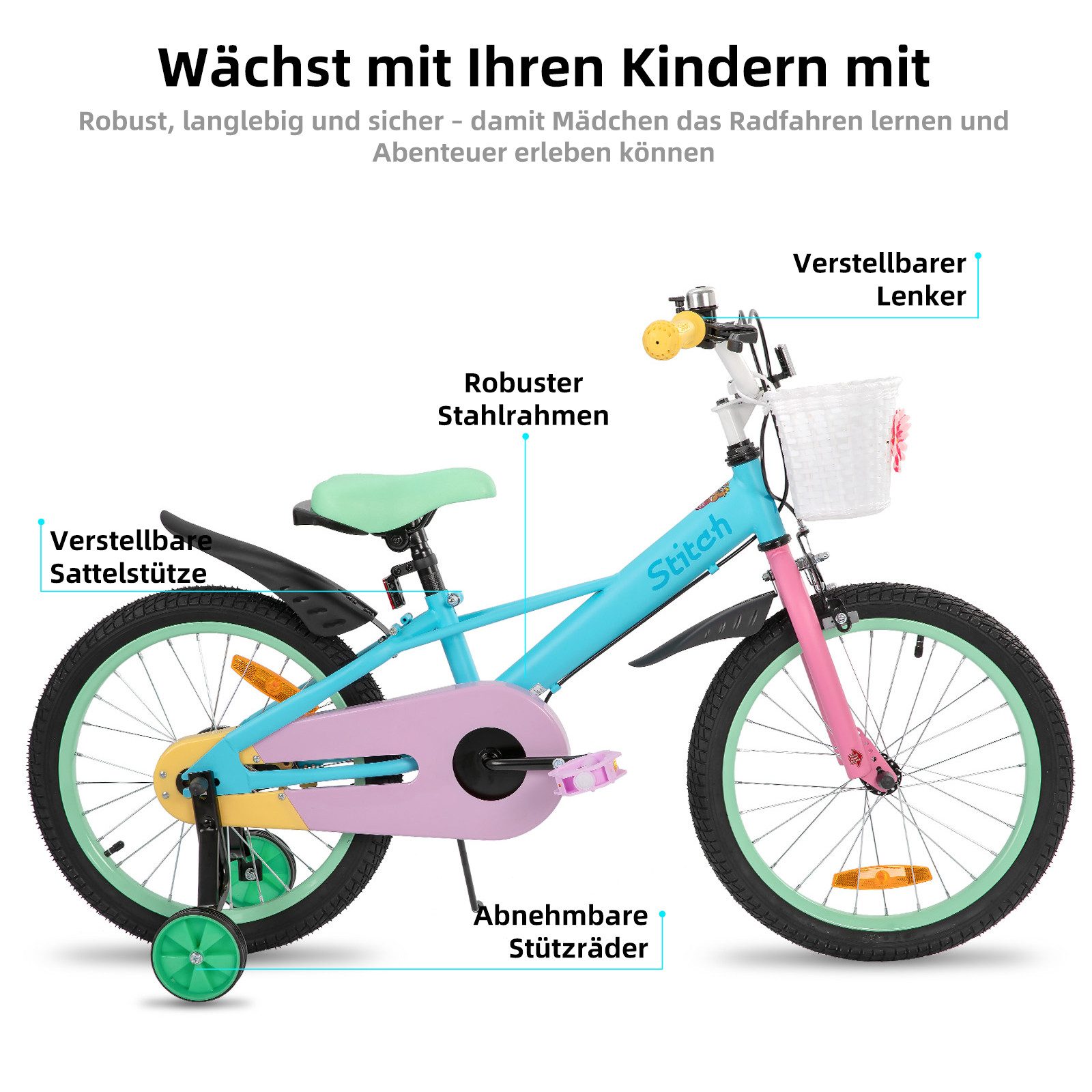 JOYSTAR Kinderfahrrad Macarons 12 14 16 18 Zoll fahrrad für 2-9 jährige Mädchen & Jungen, mit Korb,Stützrädern, Kotflügel, Korb, Fahrradklingel, Reflektorplatte
