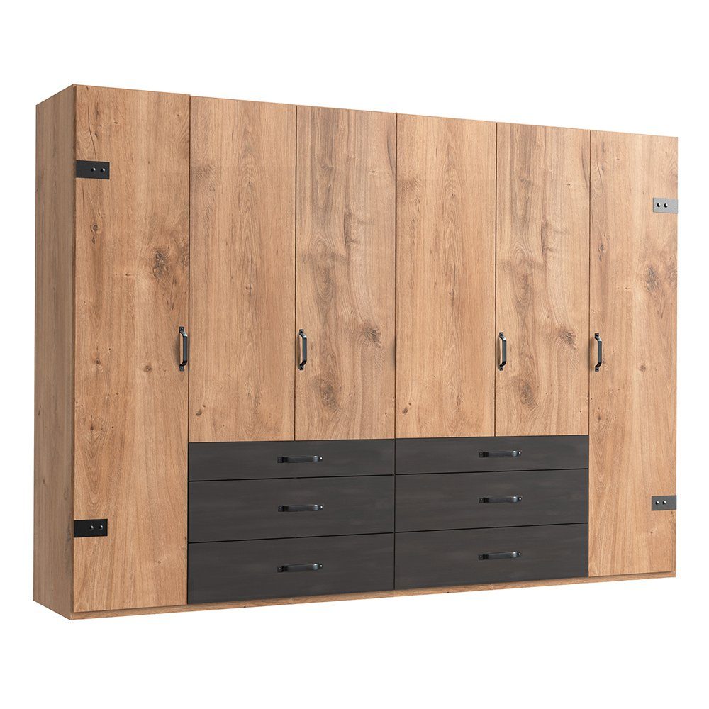 Lomadox Kleiderschrank DAVENPORT-43 300cm, Schubladen, Stahl Nb. Türen, mit 6 Eiche 6