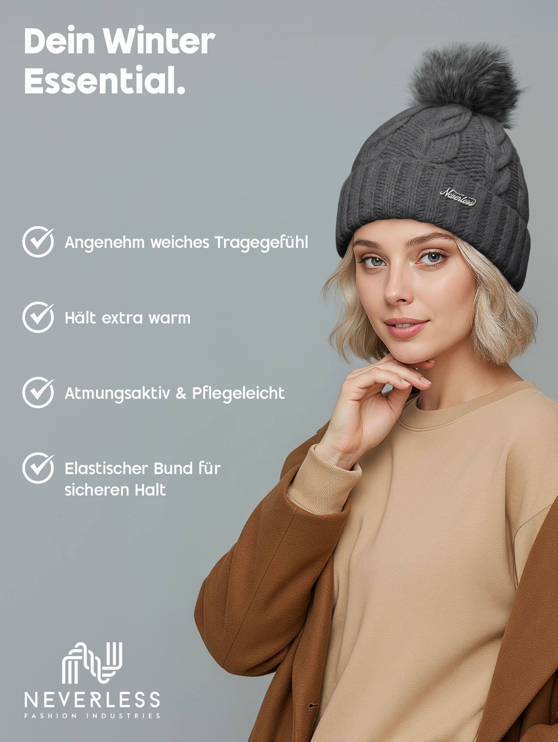 Neverless Strickmütze Damen Strickmütze mit Fleecefutter und Kunstfell Bommel Zopfmuster