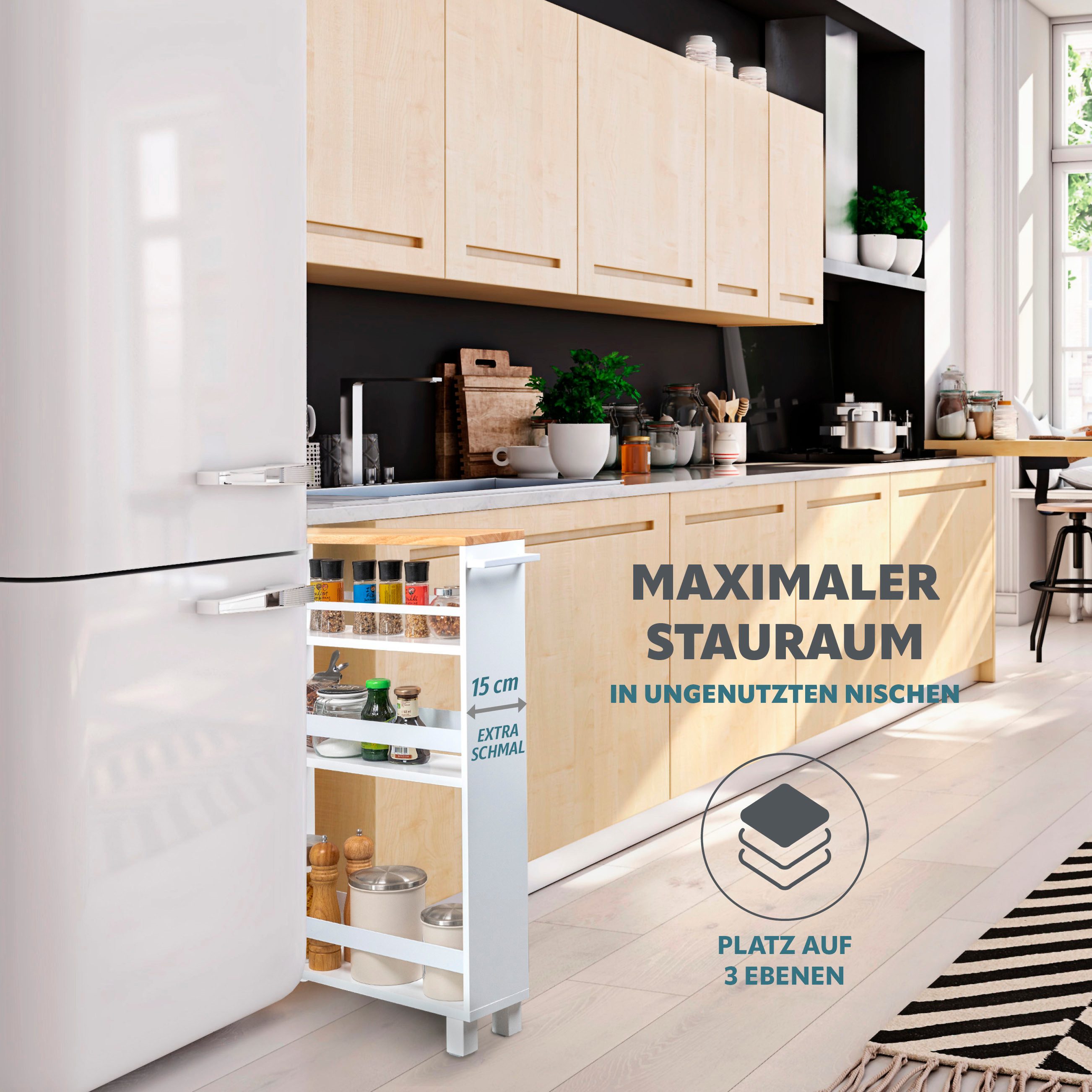 eluno Küchenwagen Küchen-Nischenwagen, Bad-Organizer mit 3 Ebenen, Holz, we günstig online kaufen