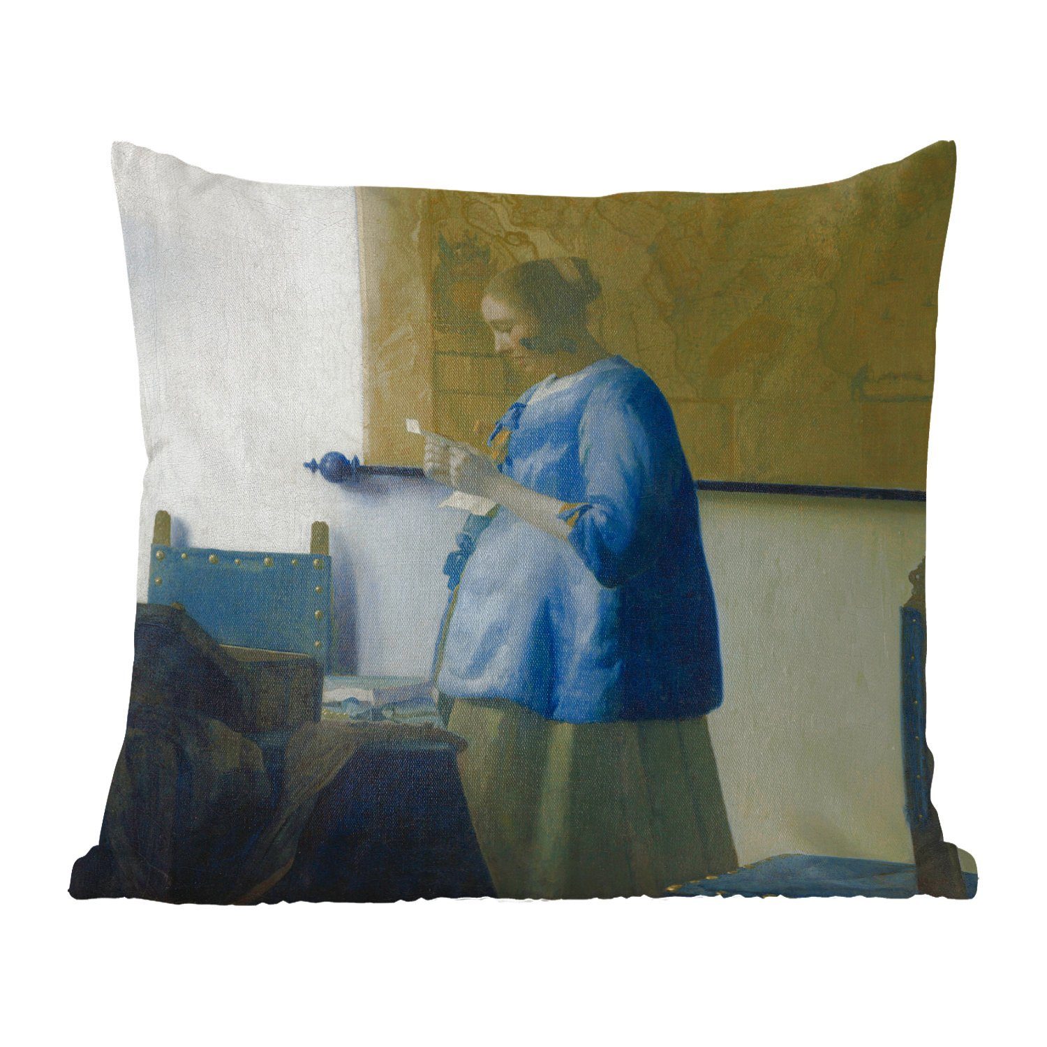 MuchoWow Dekokissen Frau in Blau liest einen Brief - Johannes Vermeer, Zierkissen mit Füllung für Wohzimmer, Schlafzimmer, Deko, Sofakissen