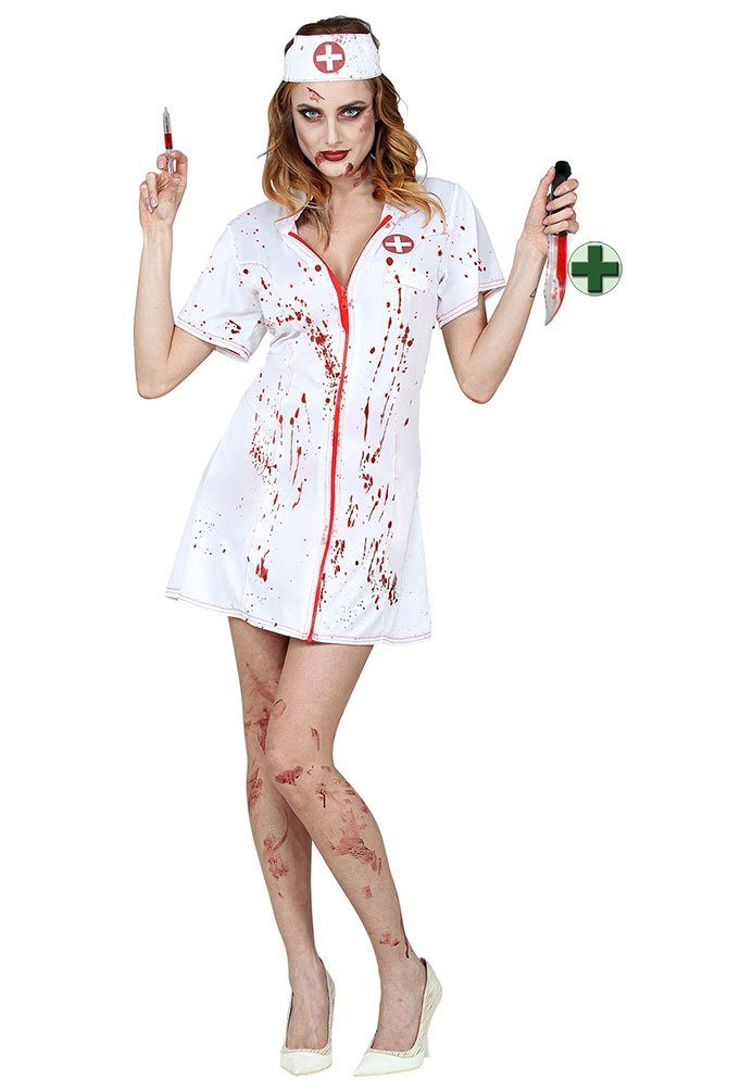 Karneval-Klamotten Zombie-Kostüm Horror Krankenschwester Kleid mit blutiges Messer, Damenkostüm Halloween, weißes Kleid mit Haube und Blutflecken