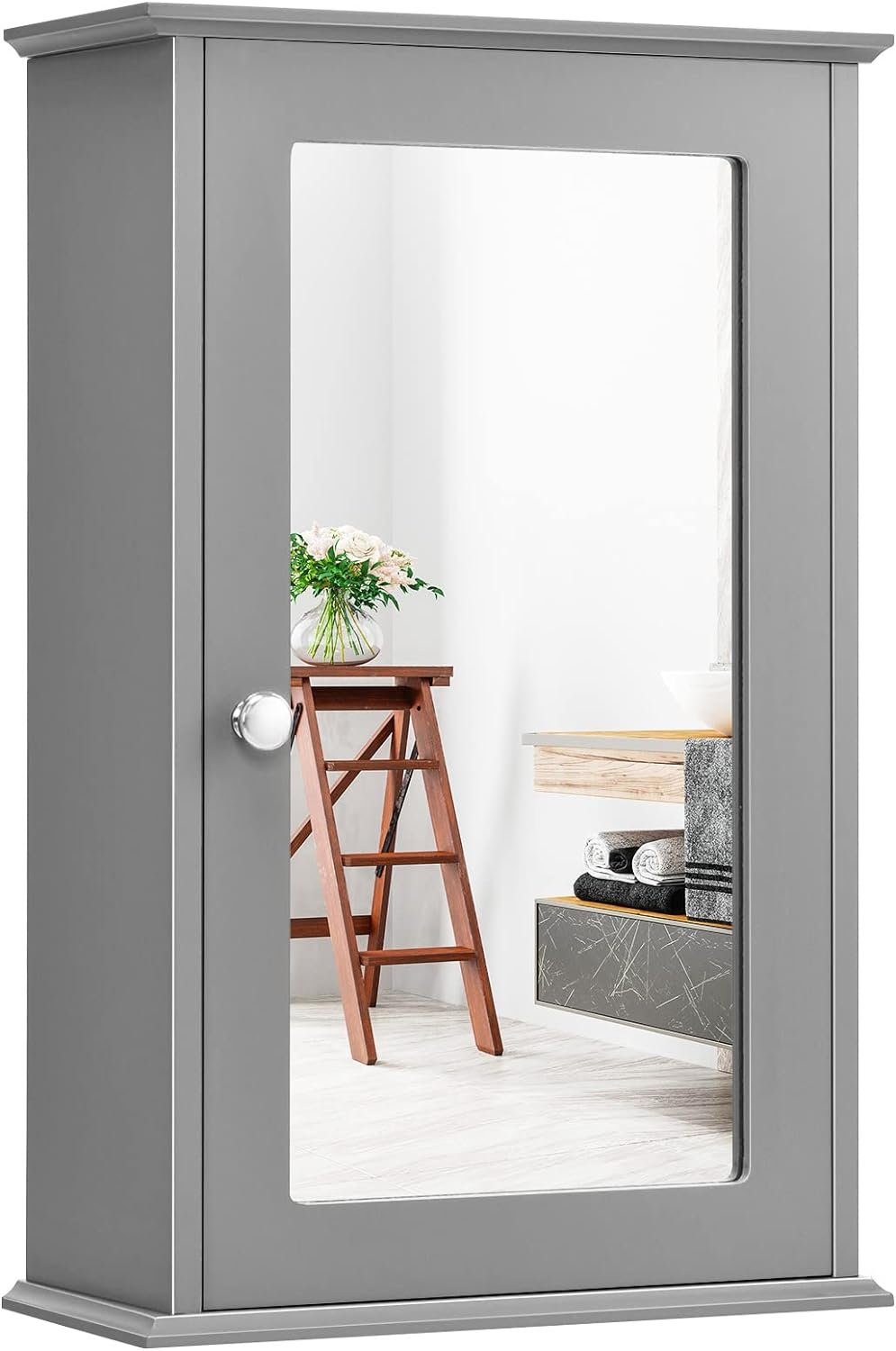 KOMFOTTEU Spiegelschrank mit Verstellbarer Ablage 34 x 15 x 53 cm Grau