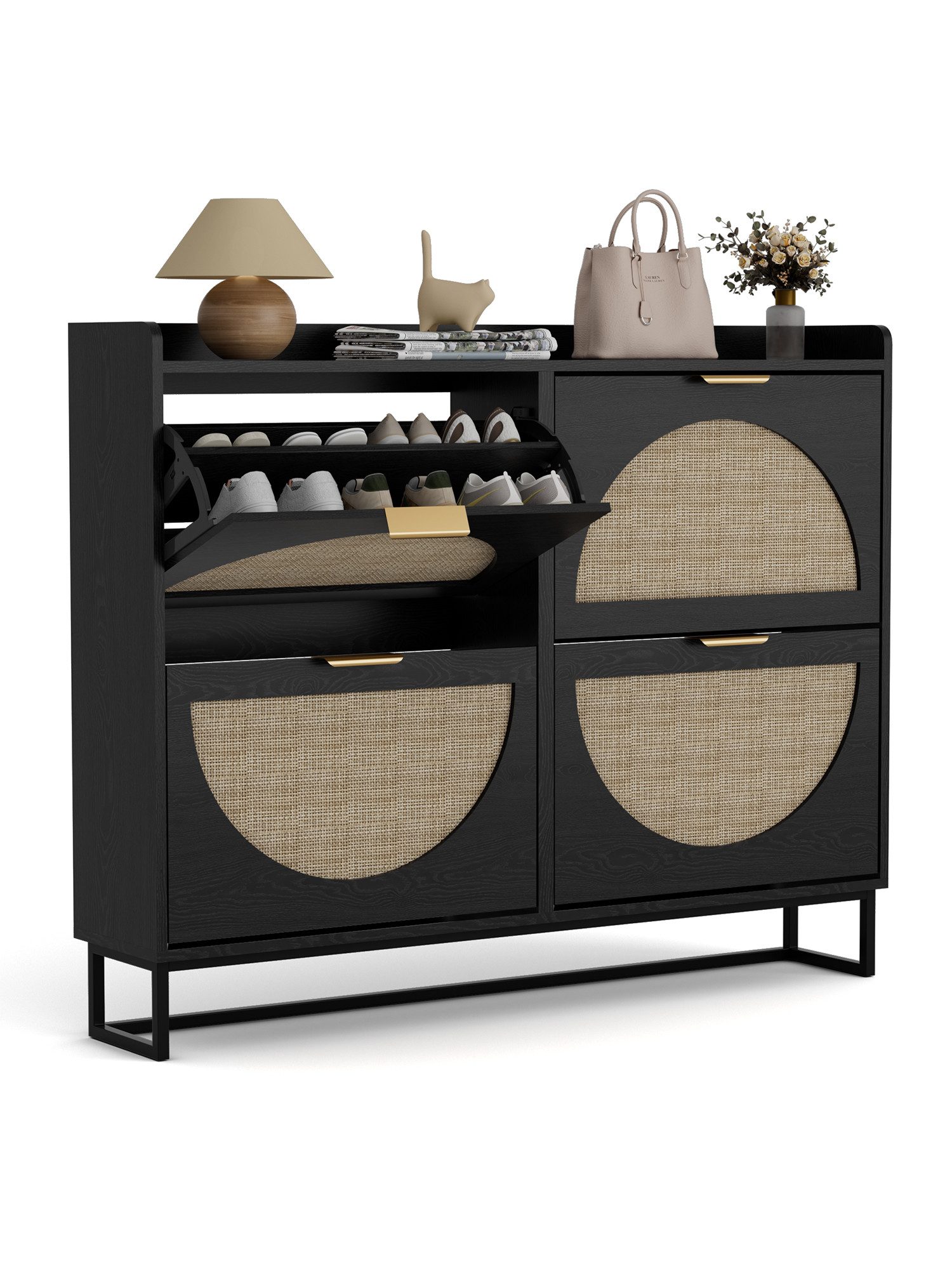 FiveWillowise Schuhschrank Schuhschrank Schmal, Schuhkipper mit Verstellbar, Holz Schuhregal mit 4 Klappen, 120x24x95.5 cm, Schwarz