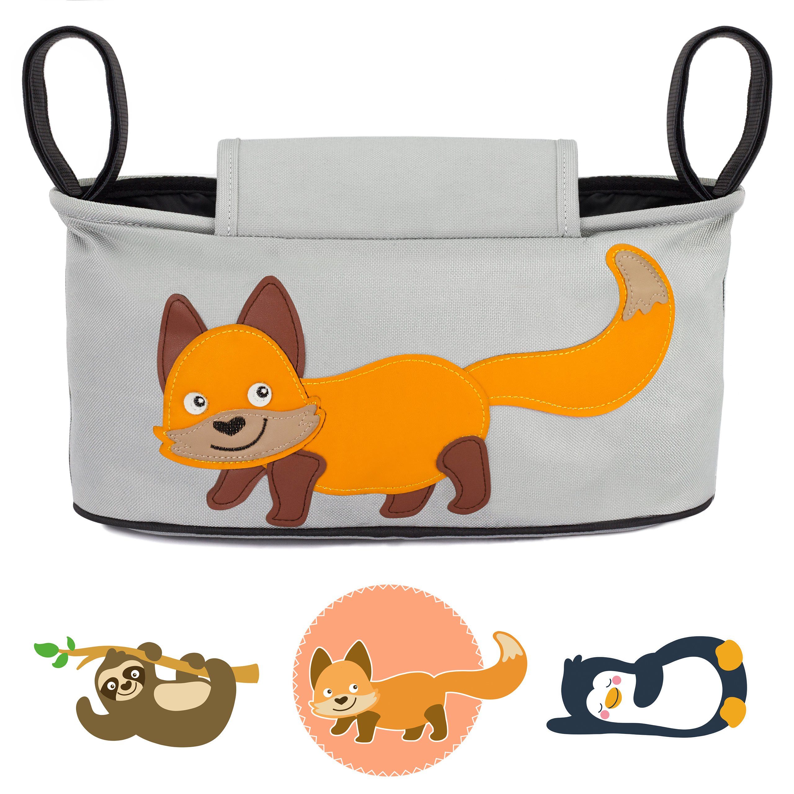 GLÜCKSWOLKE Kinderwagen-Tasche in Grau oder Schwarz I 6 Motive I Kinderwagentasche & Buggy Organizer, Kinderwagen Tasche mit Getränkehalter und Feuchttücherfach