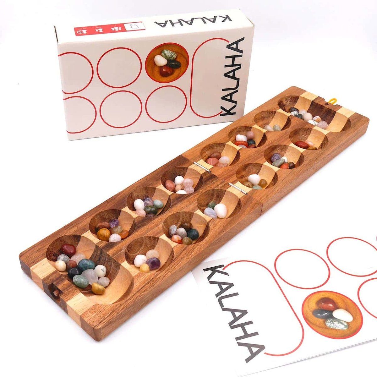 ROMBOL Denkspiele Spiel, Brettspiel Kalaha - hochwertiges Steinchenspiel inkl. Halbedelsteinen, Holzspiel zweifarbig, Halbedelsteine