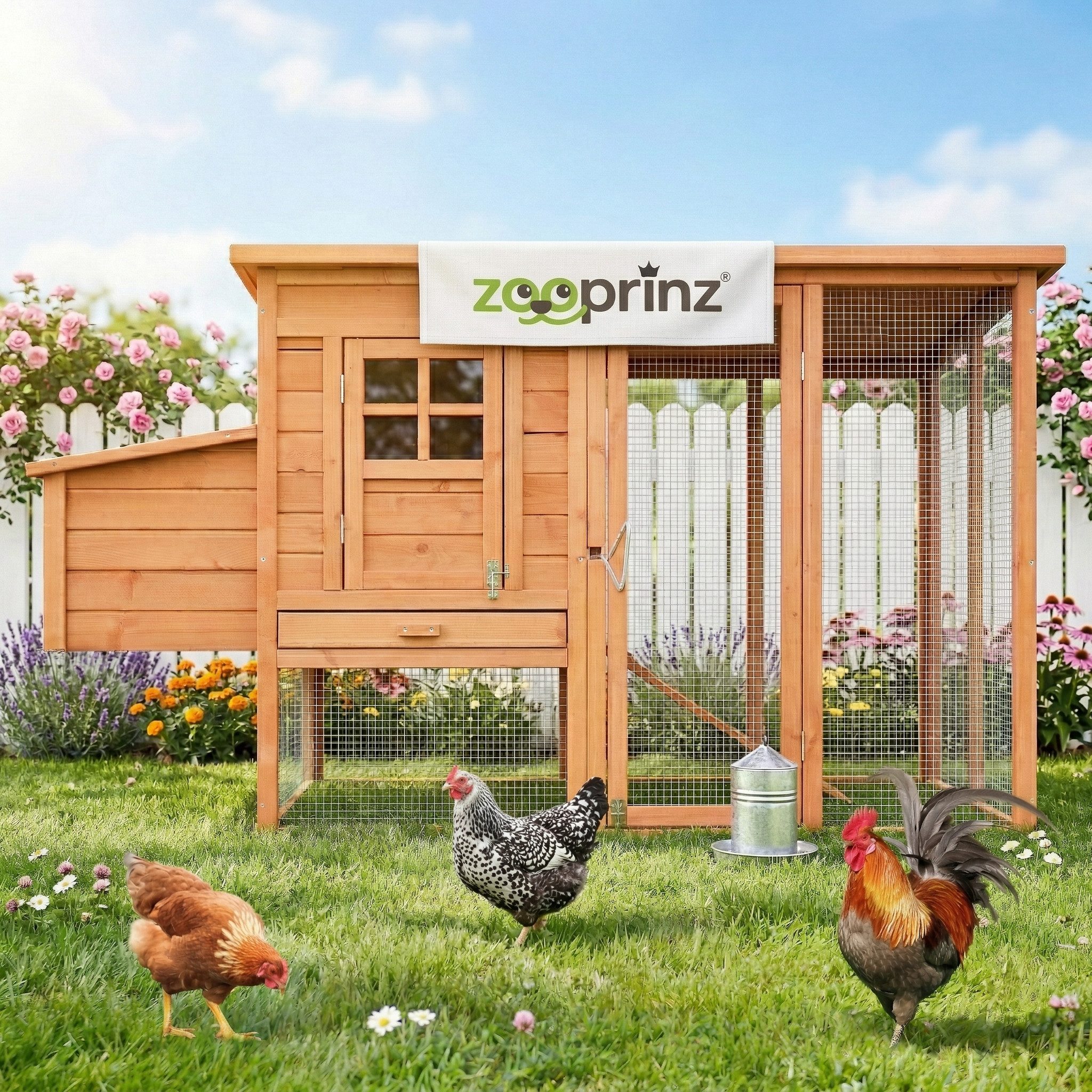 Zooprinz Hühnerstall Hühnerhaus Modell XXL mit Klappdach und Freilaufgehege, 182x103x75 cm (BxHxT), Bitumendach, Nistkasten