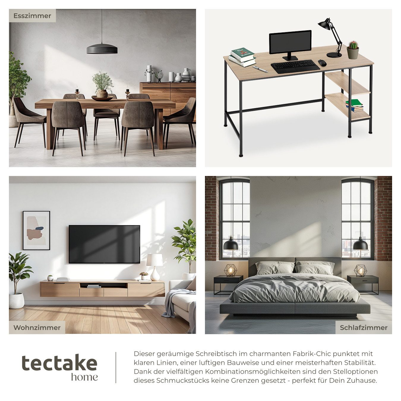 tectake Schreibtisch Arbeitstisch mit höhenverstellbaren Kunststofffüßen, 140 x 60 x (Computertisch Donegal, 1-St., in Industrial Holz hell, Eiche Sonoma), Seit – Bild 5 von 5