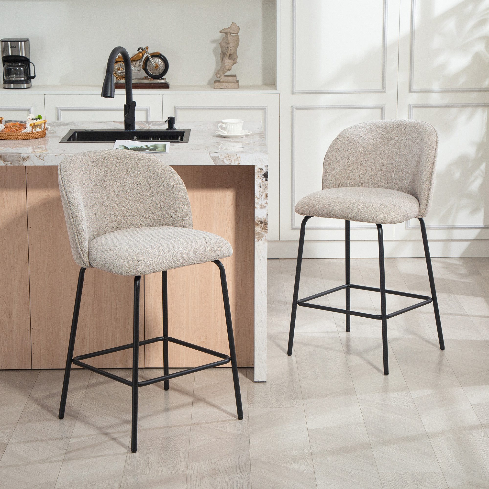 HOMCOM Barhocker Set mit Fußstütze, Lehne, Sitzhöhe 68 cm Loungesessel (Tresenhocker, 2 St., Barstuhl), für Küche, Wohnzimmer, Esszimmer Hellgrau