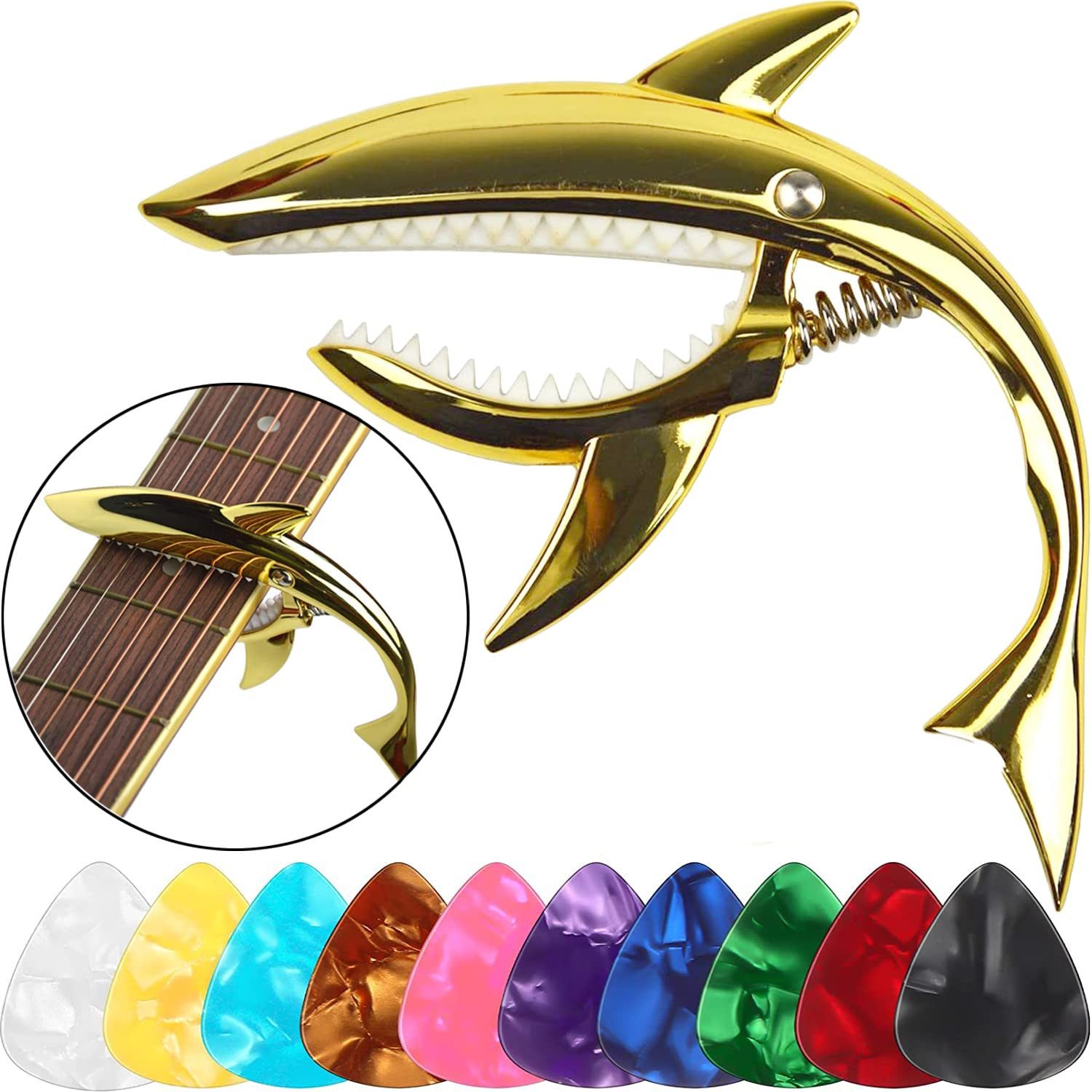 MOPUEA Westerngitarre Gitarrenkapodaster Haifischform Silikonpad für Westerngitarre&E-Gitarr, Gitarren-Zubehör-Set, ideal für Gitarren und Saiteninstrumente, 1-St., Capo mit Silikonpolstern, 10Plektren (0,46 mm) und Aufbewahrungsbeutel, Hohe Qualität, einfache Handhabung, langlebige Materialien