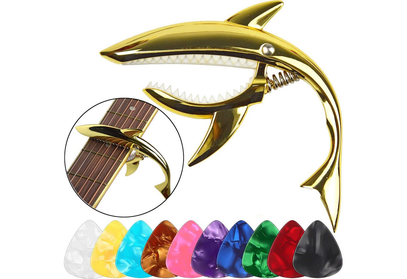 MOPUEA Westerngitarre Gitarrenkapodaster Haifischform Silikonpad für Westerngitarre&E-Gitarr, Gitarren-Zubehör-Set, ideal für Gitarren und Saiteninstrumente, 1-St., Capo mit Silikonpolstern, 10Plektren (0,46 mm) und Aufbewahrungsbeutel, Hohe Qualität, einfache Handhabung, langlebige Materialien