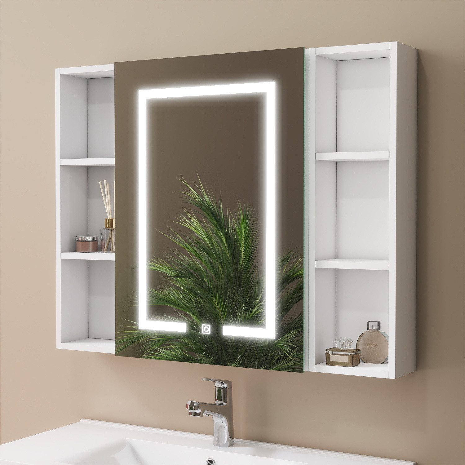 duschspa Spiegelschrank LED Badschrank mit Steckdose drei Lichtfarbe dimmbar Beschlagfrei Touch/Wandschalter, Weiß Matt/Schwarz Hochglanz, 40-100cm