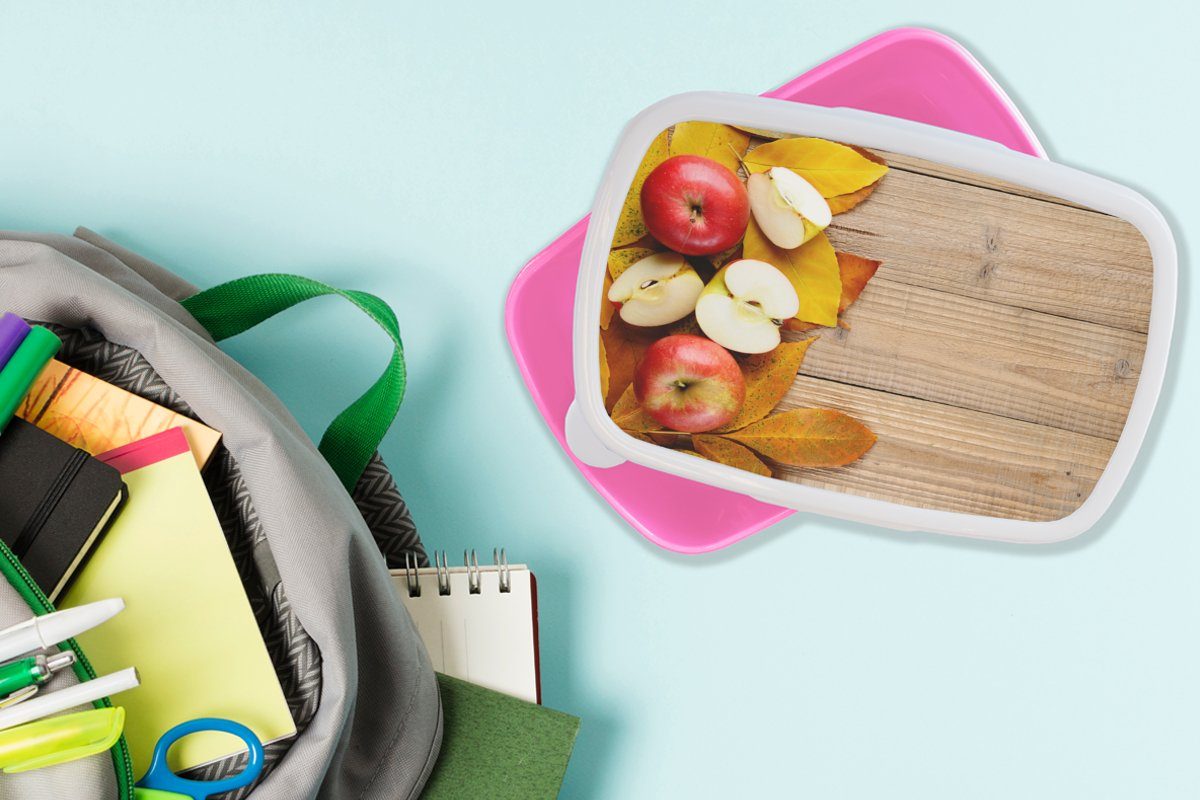 Brotdose - - Kunststoff für Mädchen, Apfel Brotbox (2-tlg), Blätter Erwachsene, rosa Kunststoff, Obst, MuchoWow Herbst Kinder, Lunchbox - Snackbox,