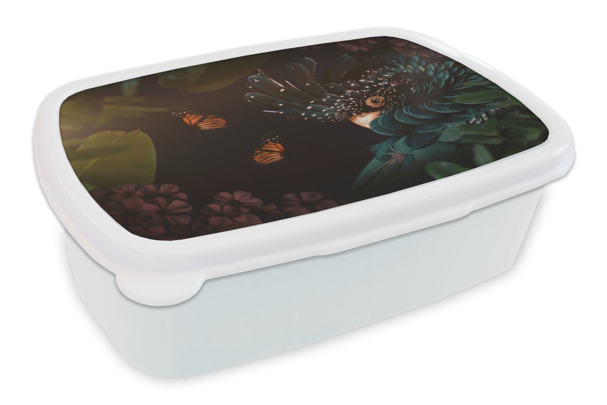 MuchoWow Lunchbox und Vogel - Erwachsene, - Kunststoff, Brotbox weiß Schmetterling Brotdose, Blumen, für für Kinder (2-tlg), Jungs - und Mädchen Dschungel