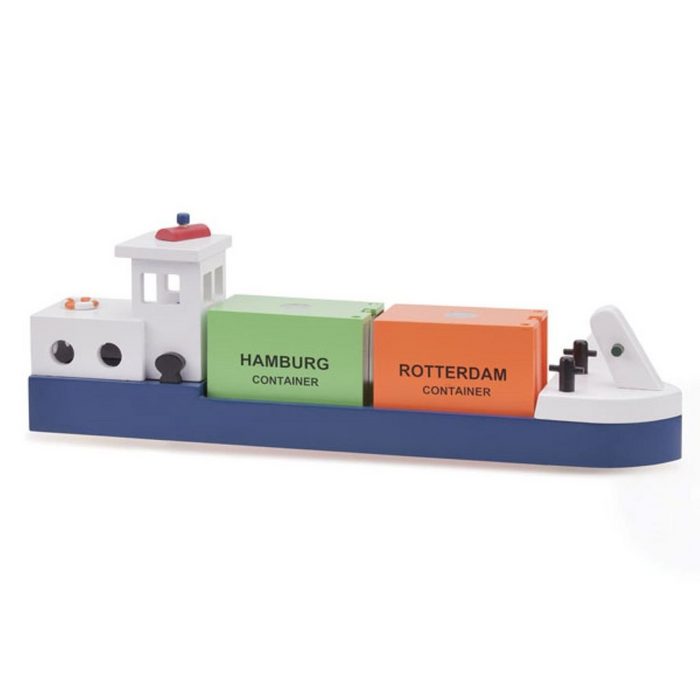 New Classic Toys® Spielzeug-Schiff Hafenwelt • Frachtkahn mit 2 Containern • Holzspielzeug für Kinder (3-tlg)