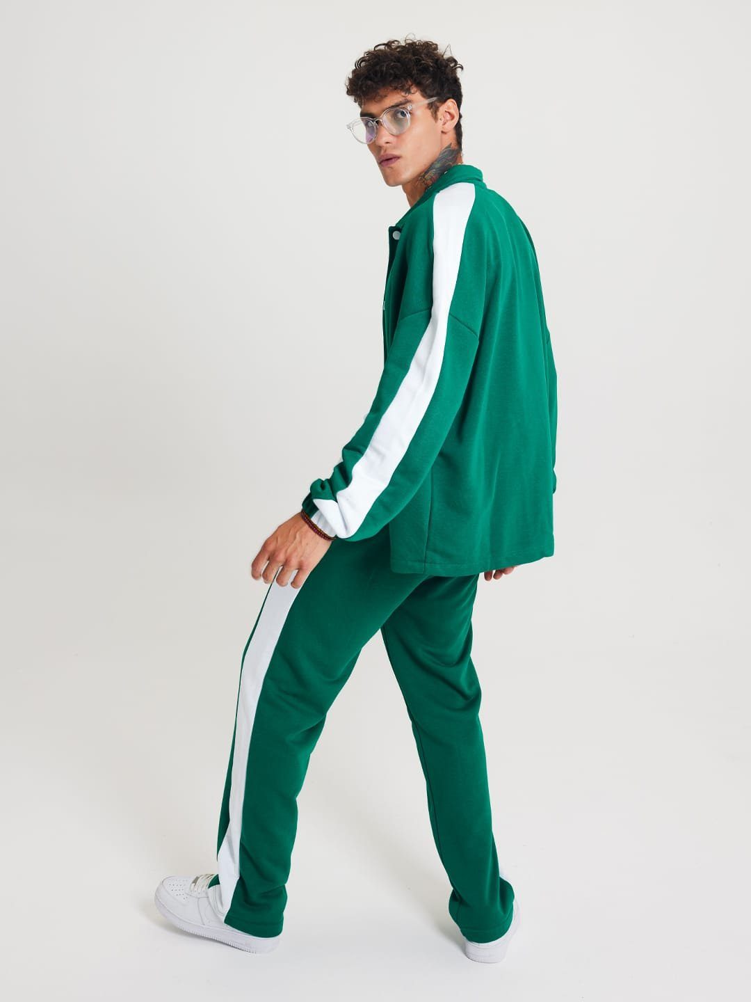 Stripe Jacke Unisex Jogginganzug Jogginganzug Streifen Casuals Jogger COFI Cotton Set mit Grün Hose