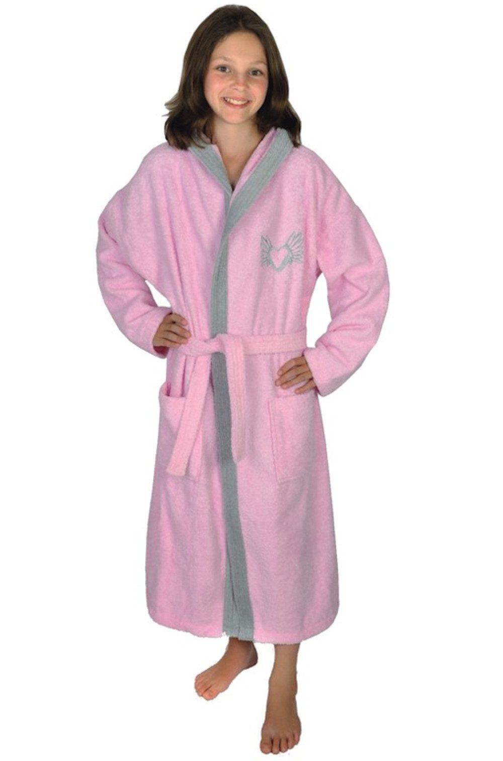 Wörner Kinderbademantel Wörner Mädchen Bademantel Frottee Herz rosé hellgrau, kniebedeckend, 100% Baumwolle, Kapuze, Gürtel, Kordel