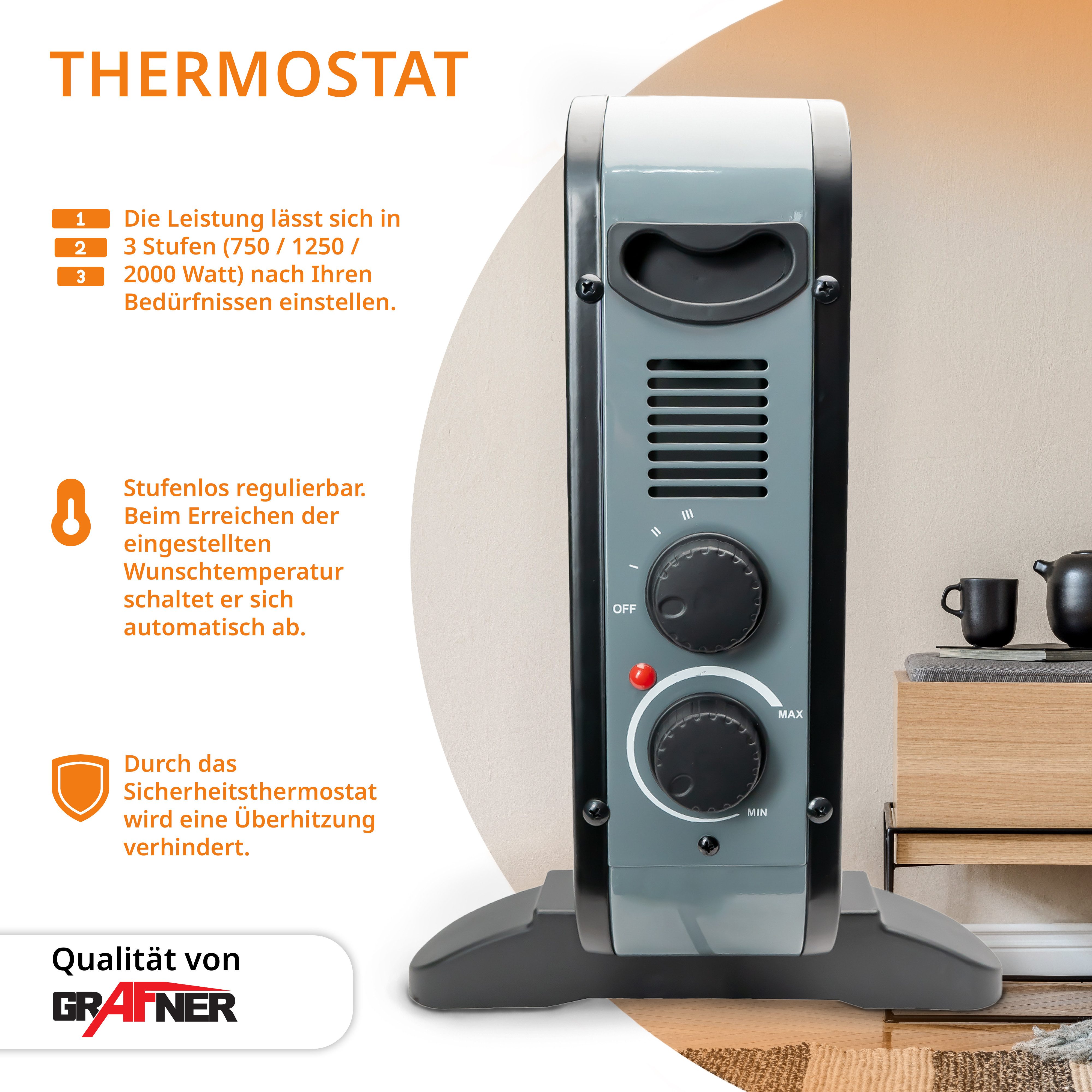 Grafner Konvektor Heizgerät Konvektor elektro Heizung 2000 Watt matt schwarz, 2000 W, Thermostat, 3 Heizstufen, Energiesparende Umwälztechnik
