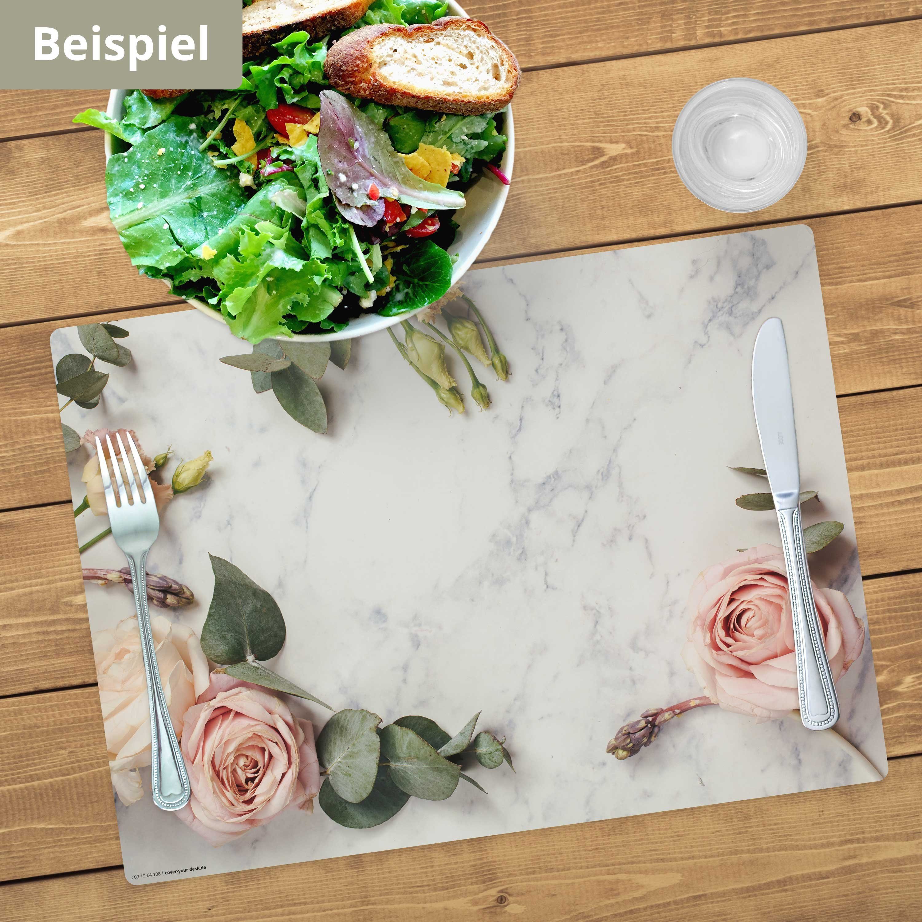 cover-your-desk.de Platzset Tischset, Platzset abwaschbar - Rosen auf Marmor, (aus erstklassigem Vinyl (Kunststoff – BPA-frei), 4-St., 44 x 32 cm - rutschfeste Tischdekoration), Made in Germany
