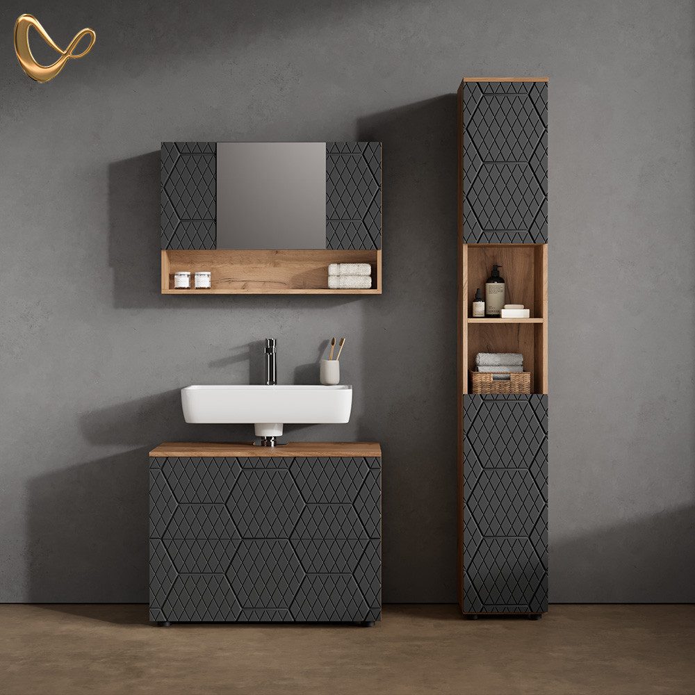 Livinity® Badezimmerspiegelschrank Ronco, Anthrazit mit Wabenstruktur/Goldk günstig online kaufen