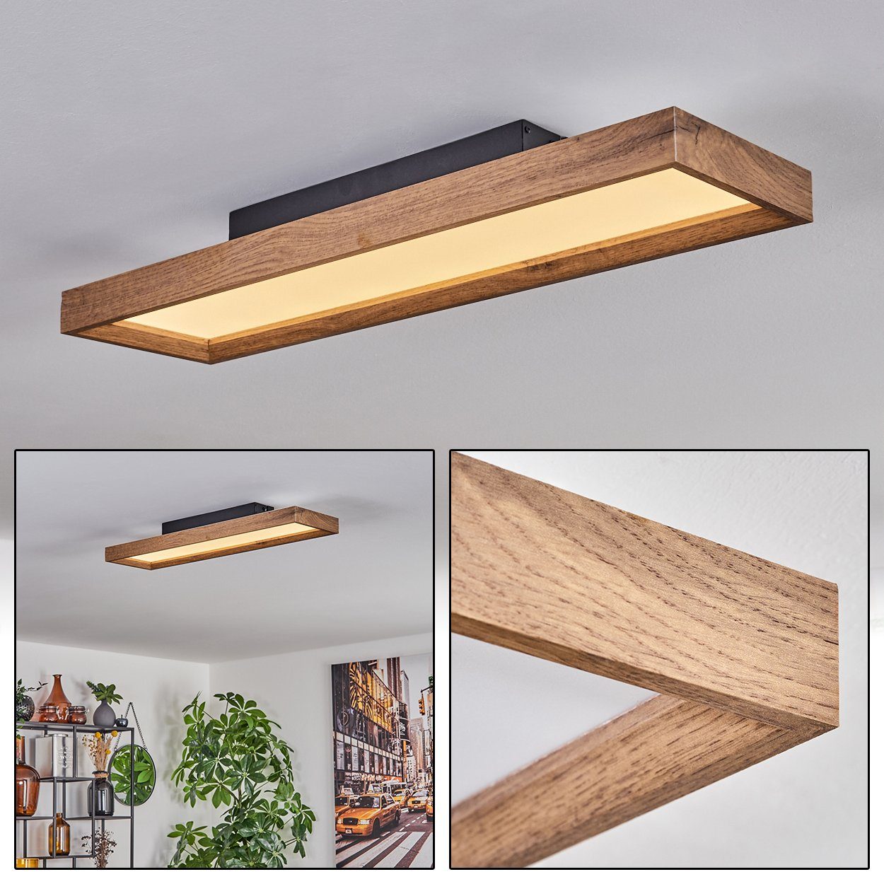 hofstein Deckenleuchte Deckenleuchte aus Metall/MDF/Kunststoff in Schwarz/Holzoptik/Weiß, LED wechselbar, 3000 Kelvin, Länge 80 cm, 18 Watt, 1900 Lumen, 3000 Kelvin