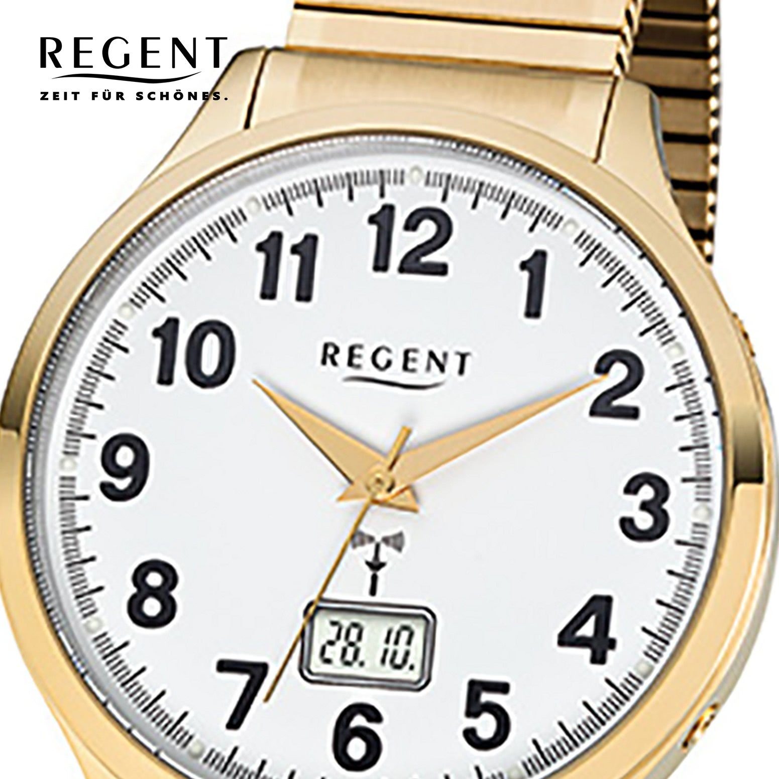 Regent Funkuhr Regent Herren-Armbanduhr gold, (Funkuhr), Herren Funkuhr rund, groß (ca. 40mm), Edelstahlarmband