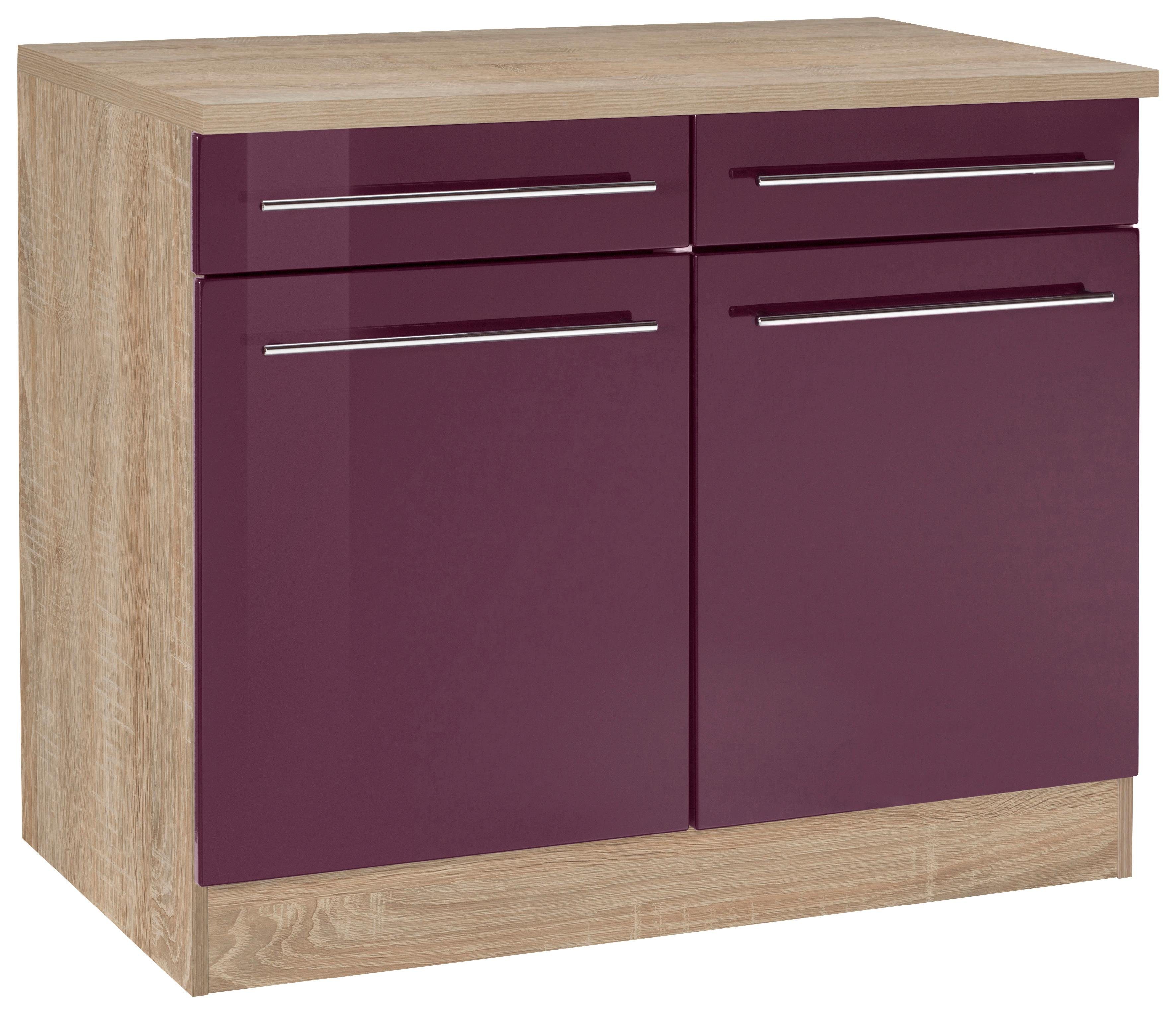 HELD MÖBEL Unterschrank Eton Breite 100 cm Aubergine Hochglanz | eiche sonoma